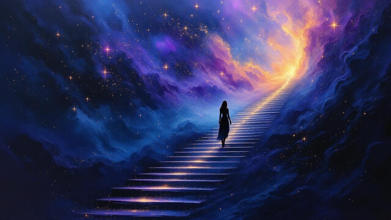 Silhouette Ascending a Luminous Cosmic Staircase