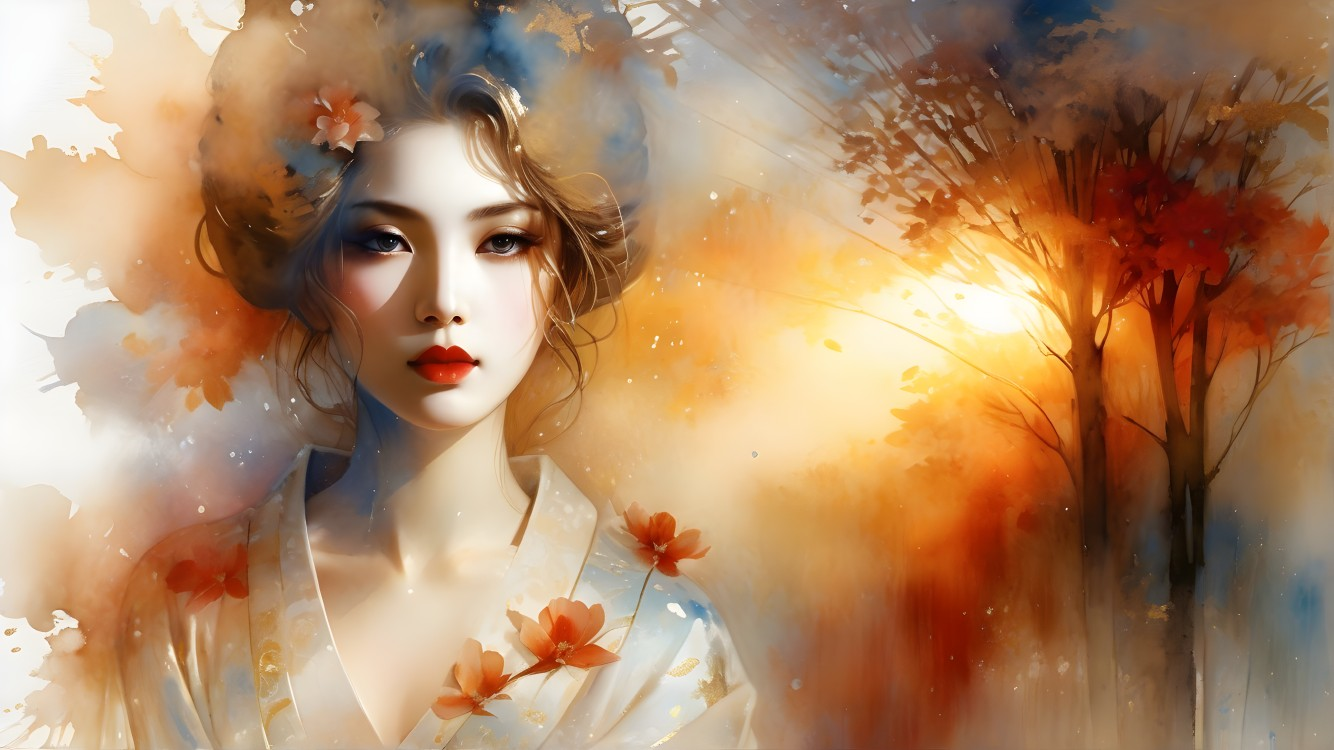 Serene portrait of a woman with blossoms and sunset hues