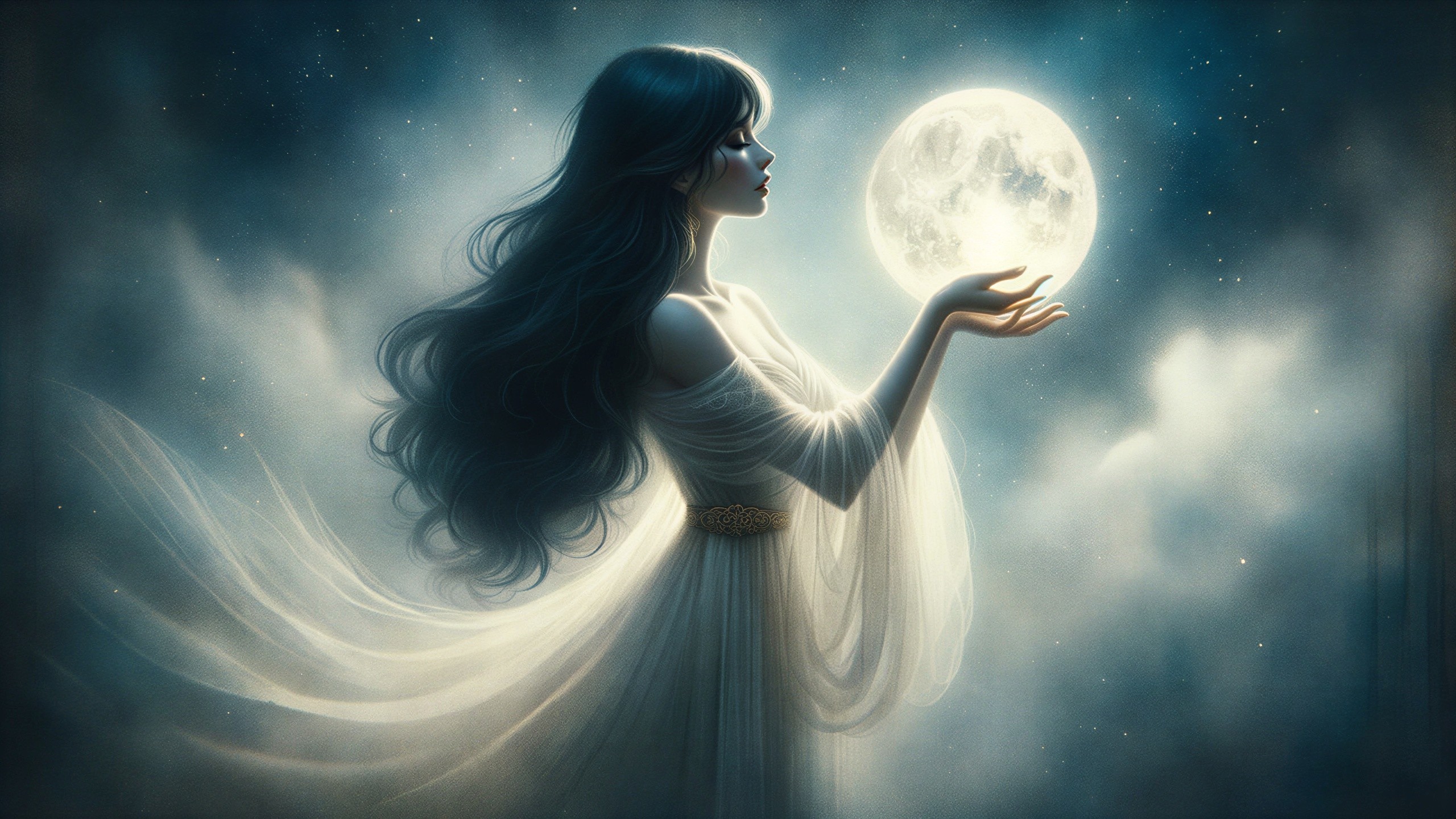 Serene figure in dreamlike atmosphere under full moon