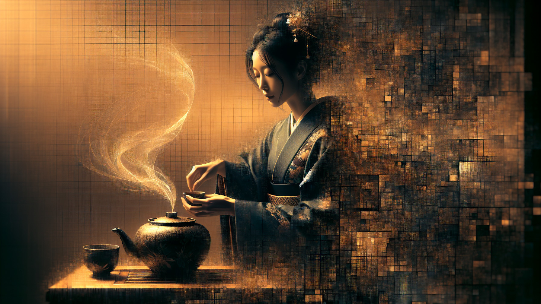 Serene figure preparing tea in warm abstract setting