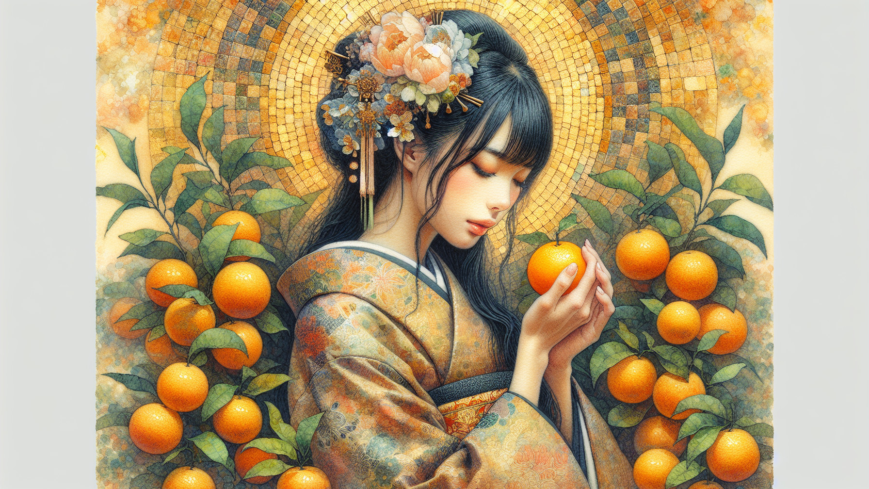 Young Woman in Golden Kimono Surrounded by Oranges