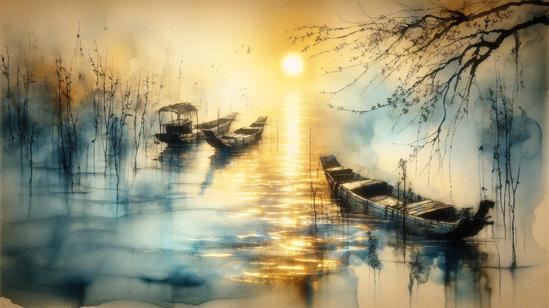 Serene Watercolor of Boats on a Sunset River
