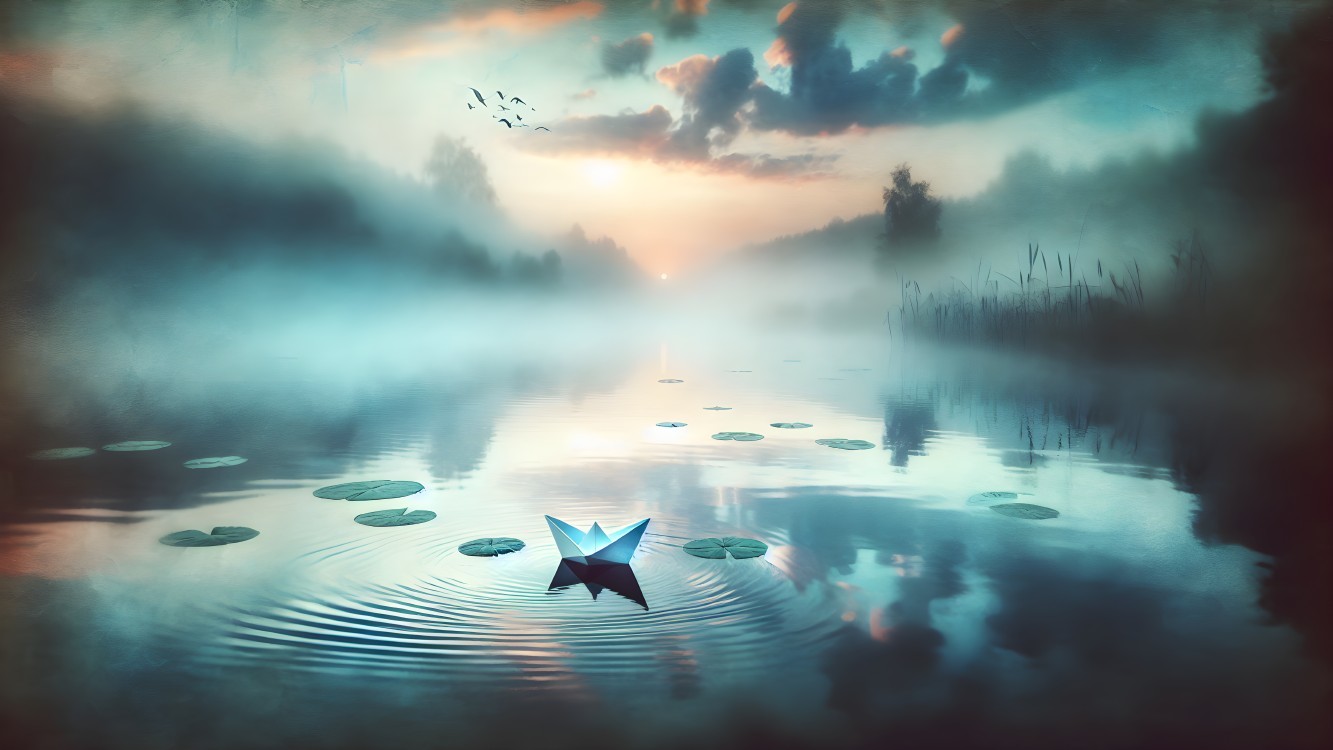 Tranquil Landscape with Water, Mist, and Lilies