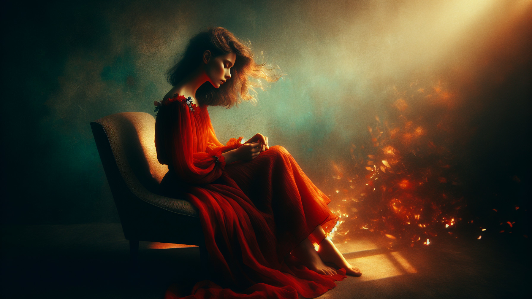 Woman in Red Dress Seated in Dreamy Atmosphere
