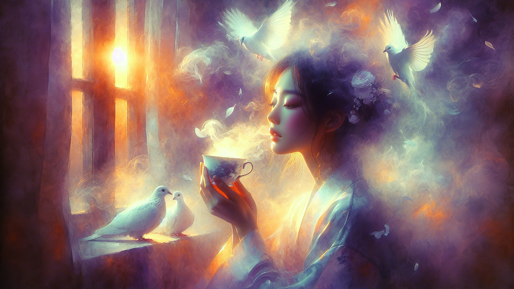 Serene Woman in Traditional Attire with Teacup and Doves