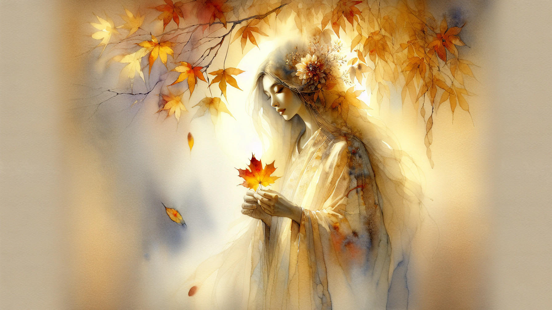 Serene Woman Surrounded by Autumn Leaves and Glow