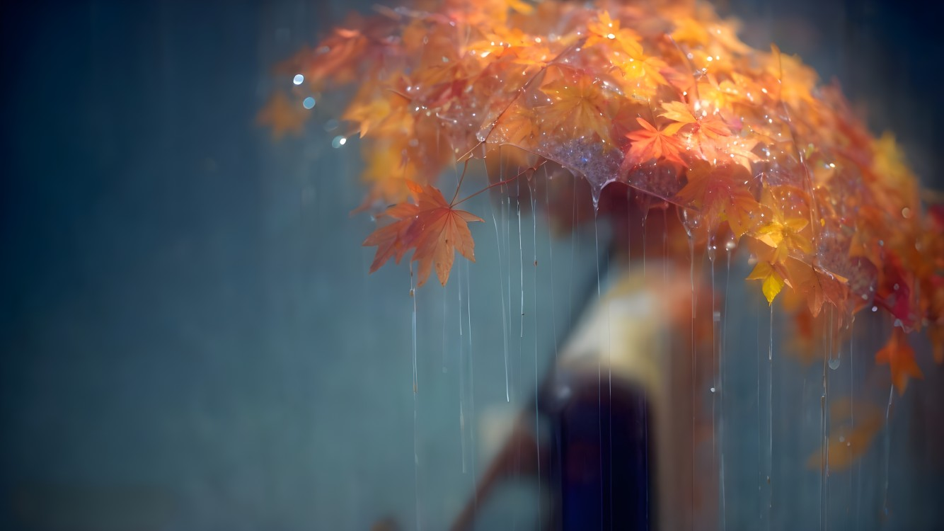 Autumn Leaf Umbrella in Rainy Dreamy Setting