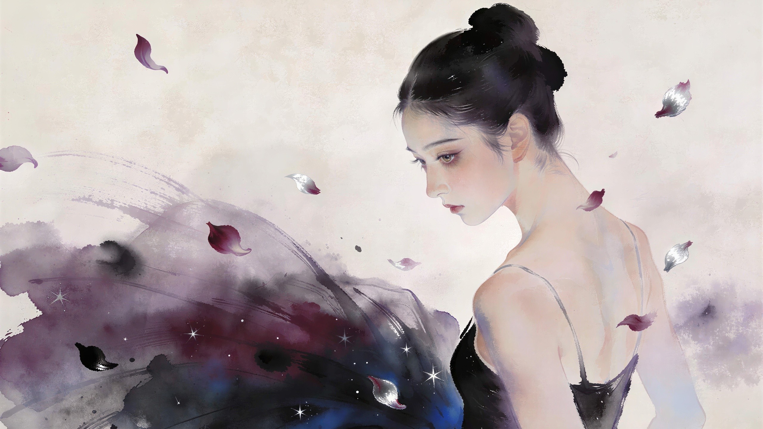 Digital Painting of a Contemplative Woman in Asian Style