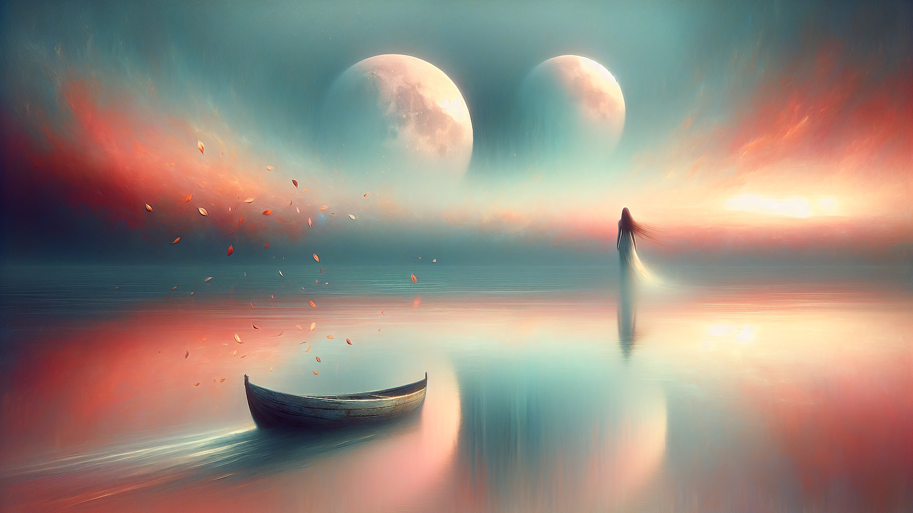 Surreal Landscape with Moons and Tranquil Sea