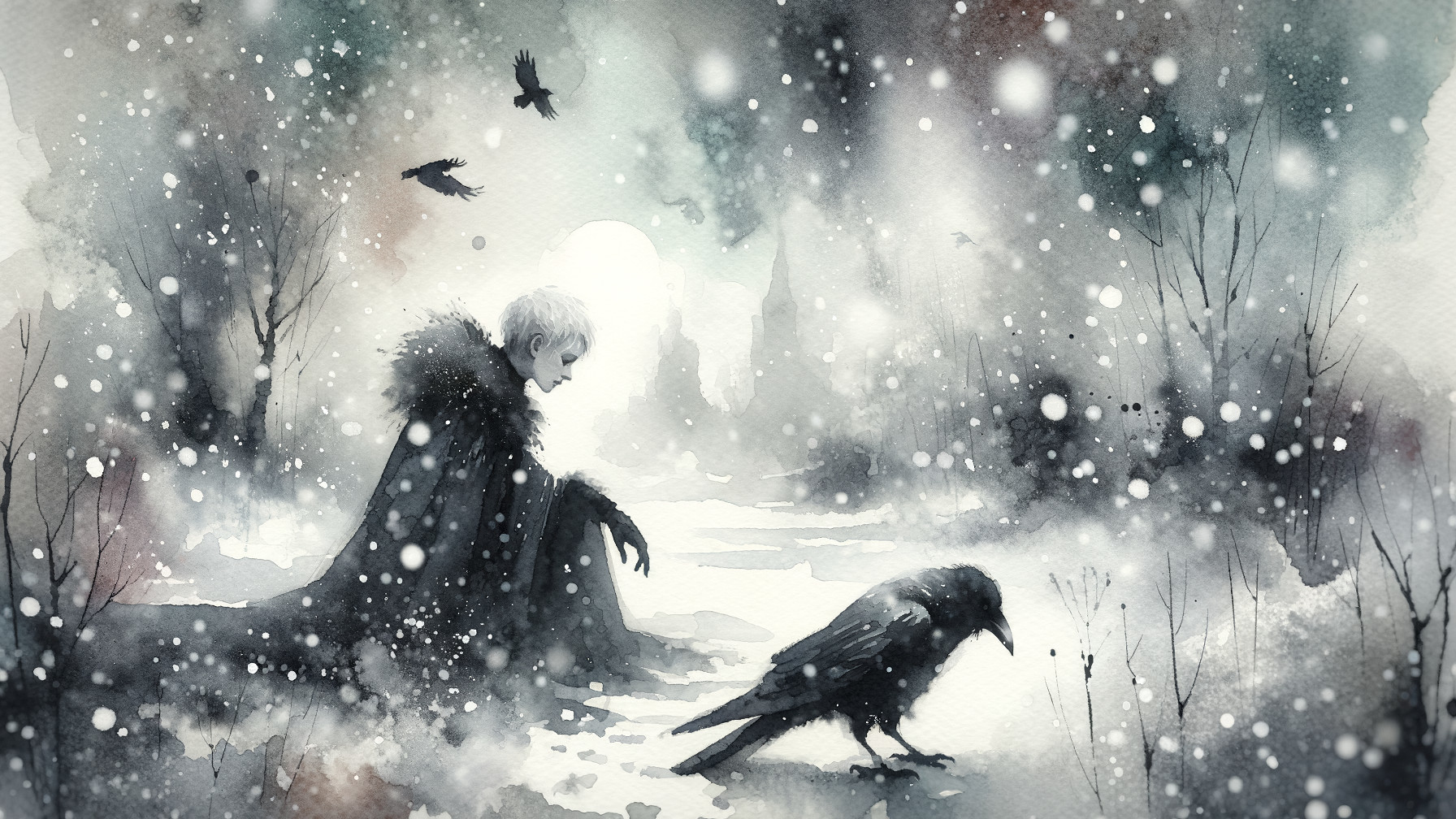 Mystical snowy landscape with cloaked figure and raven
