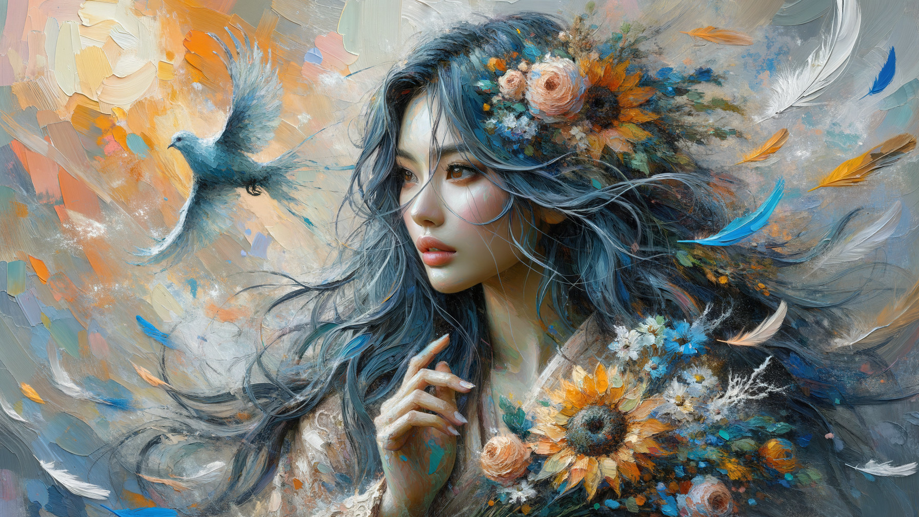 Serene Woman with Blue Hair and Sunflowers in Art