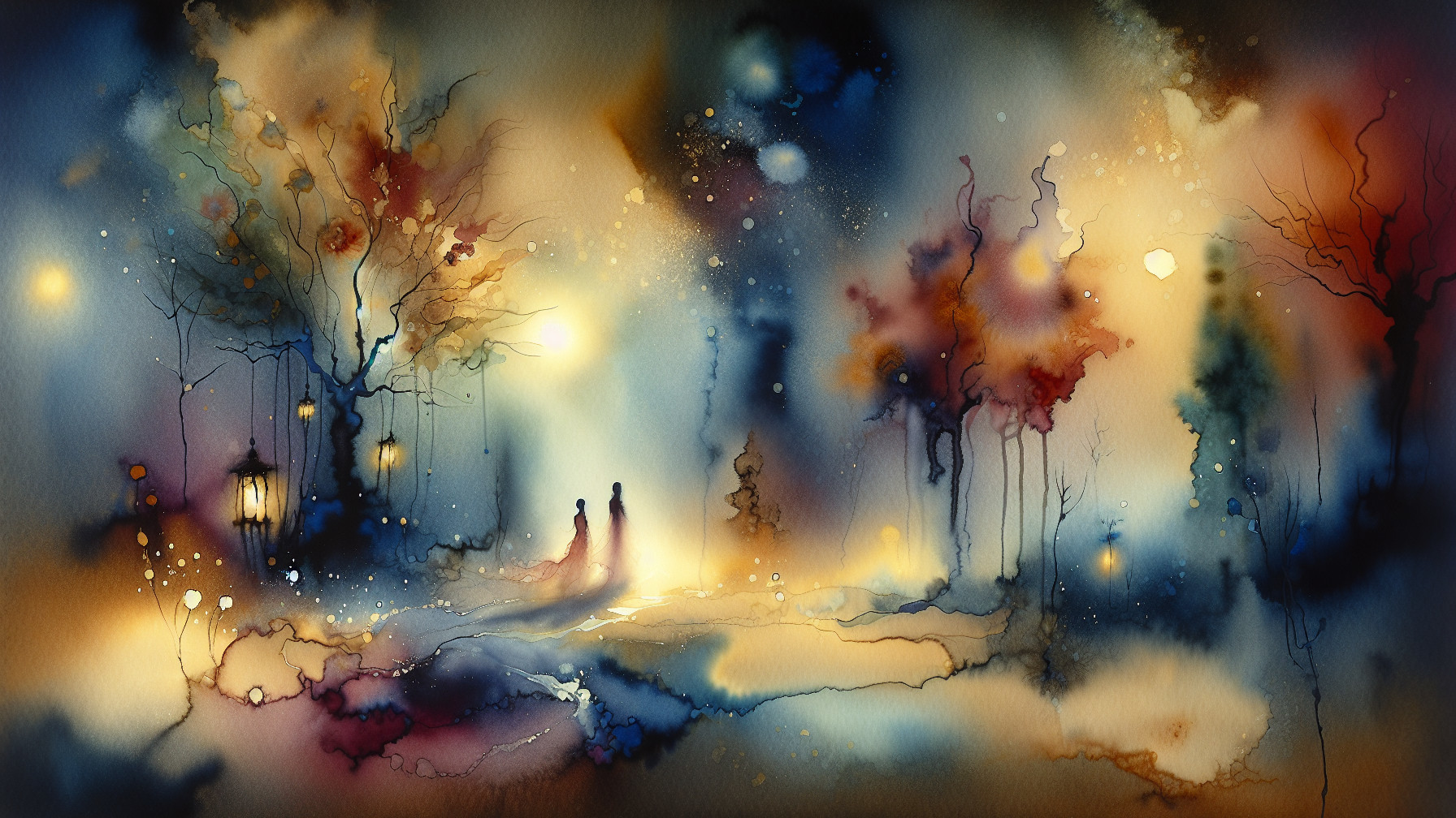 Watercolor Scene of Figures on a Misty Path