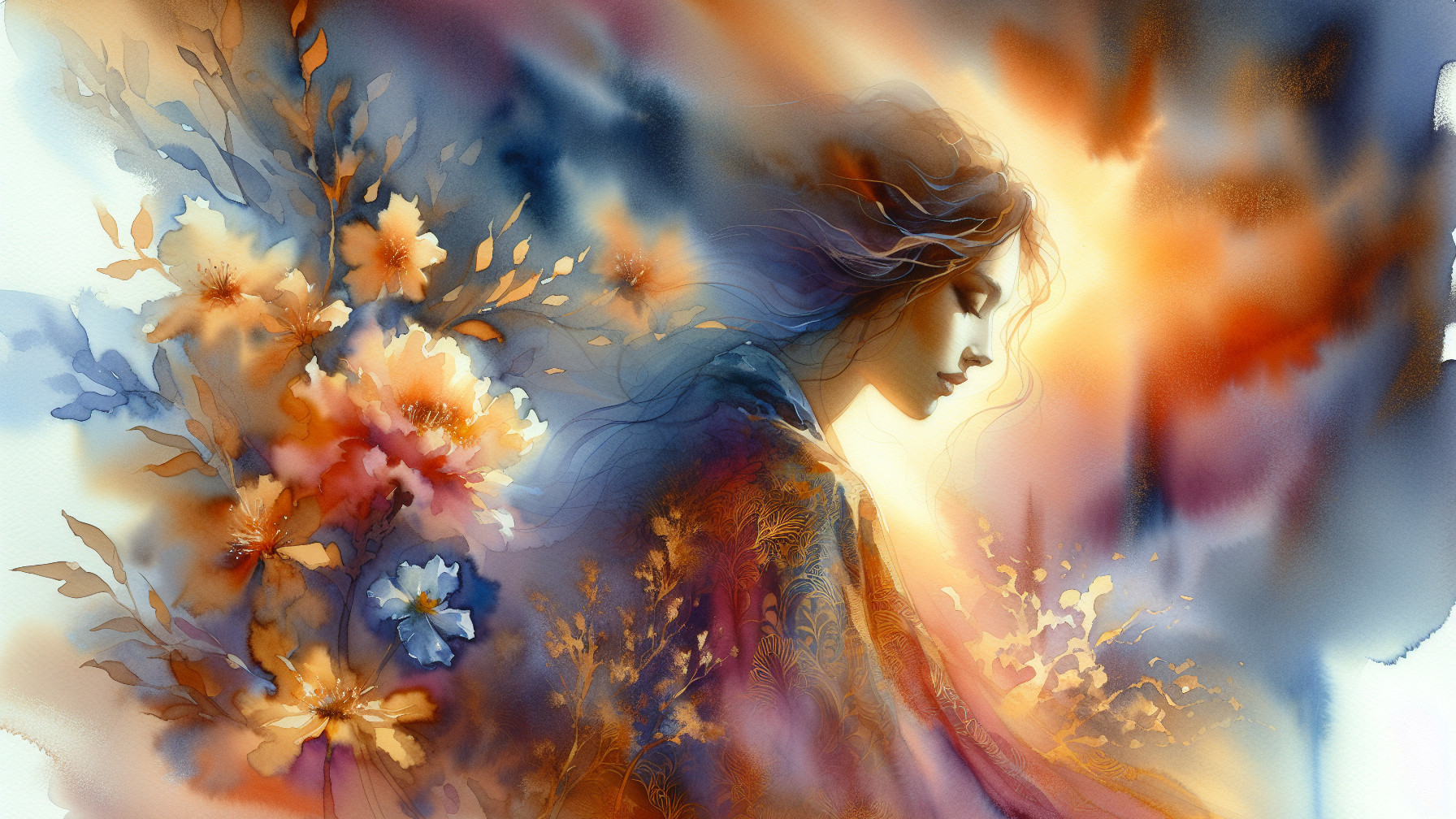 Watercolor Illustration of a Serene Woman and Flowers