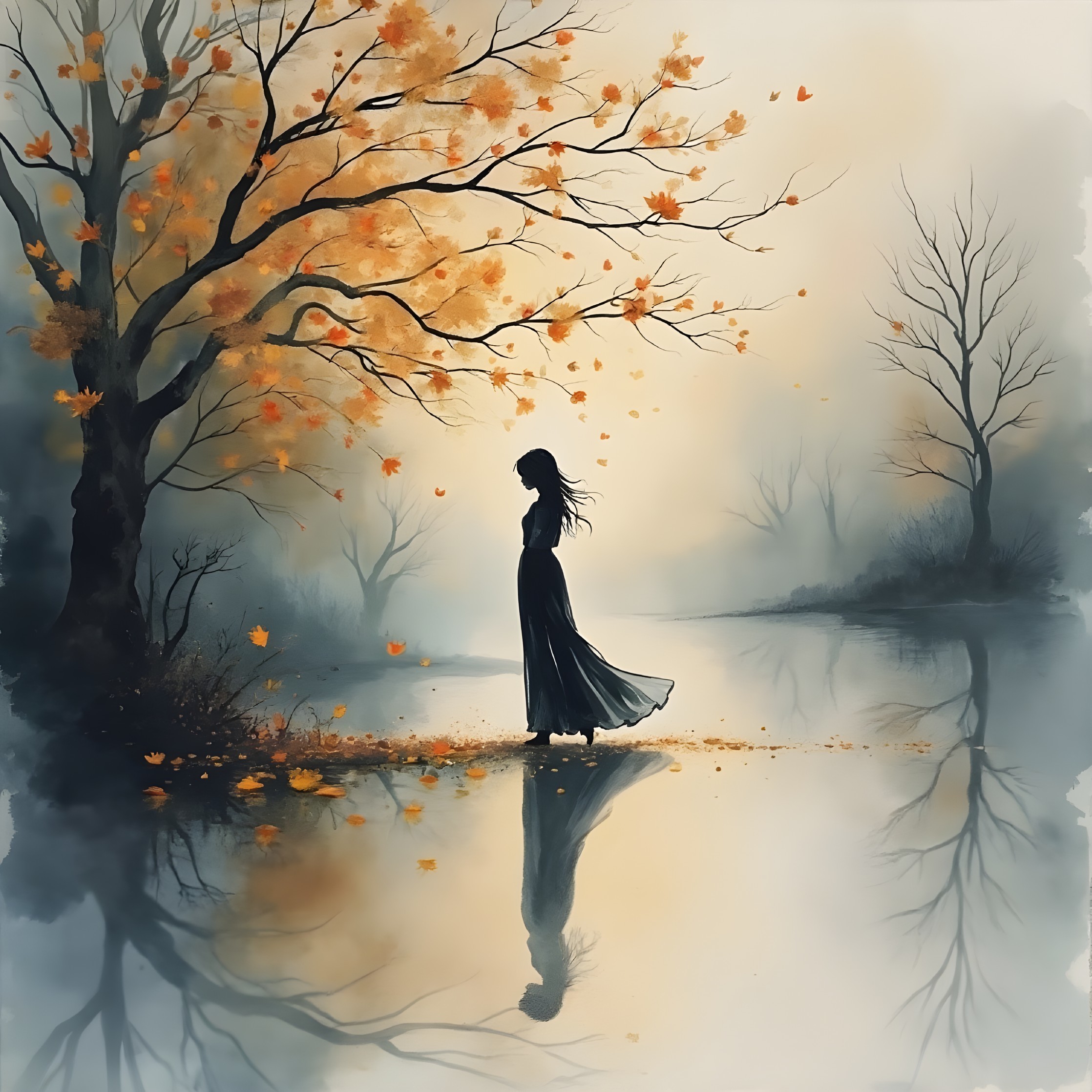 Solitary Figure by Tranquil Water in Foggy Landscape