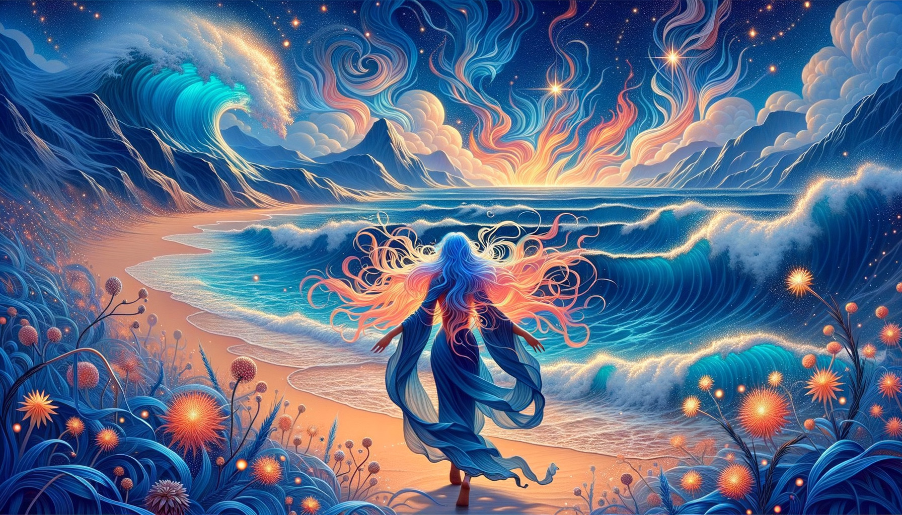 Mystical Sunrise at Shoreline with Vibrant Flora