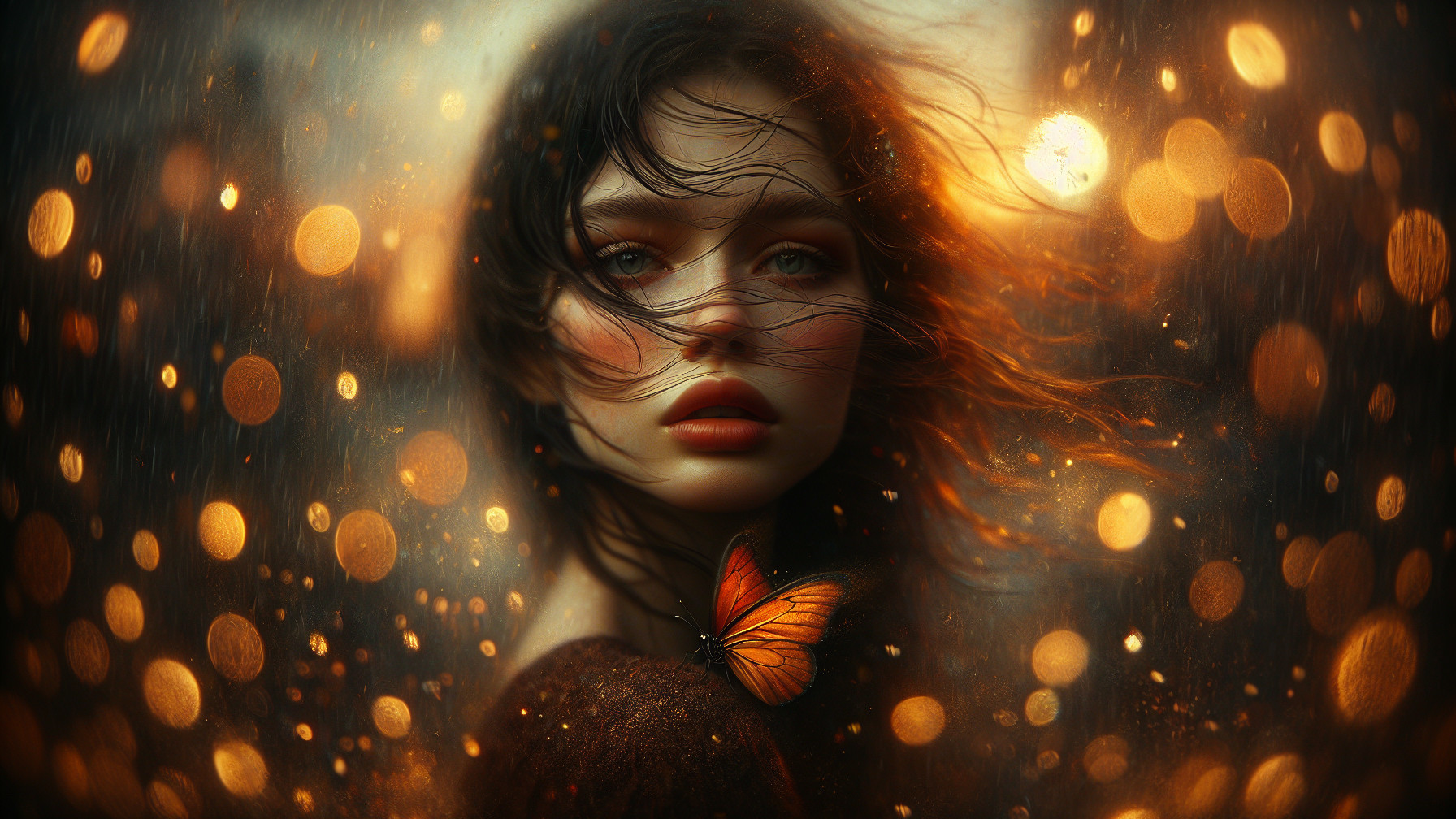 Close-up of a woman with butterfly and golden bokeh