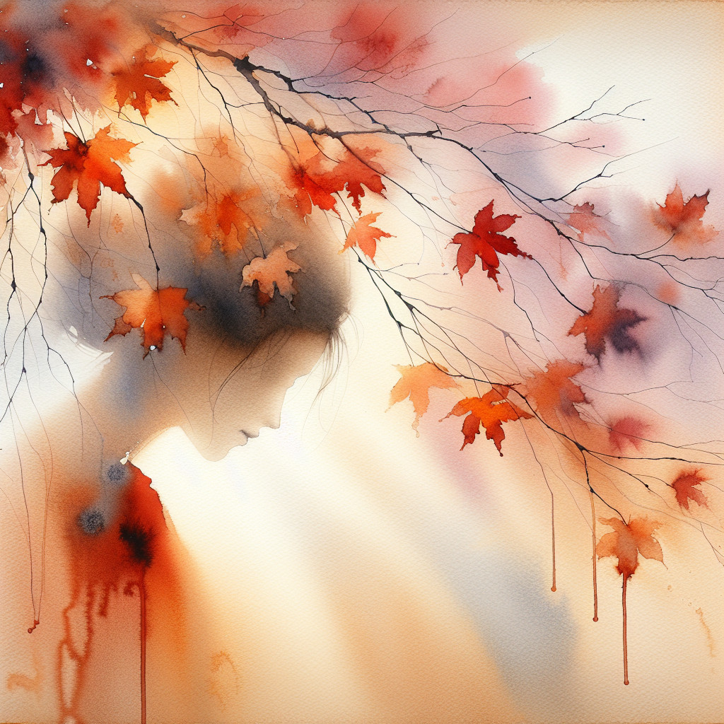 Watercolor Portrait of Silhouette with Autumn Leaves