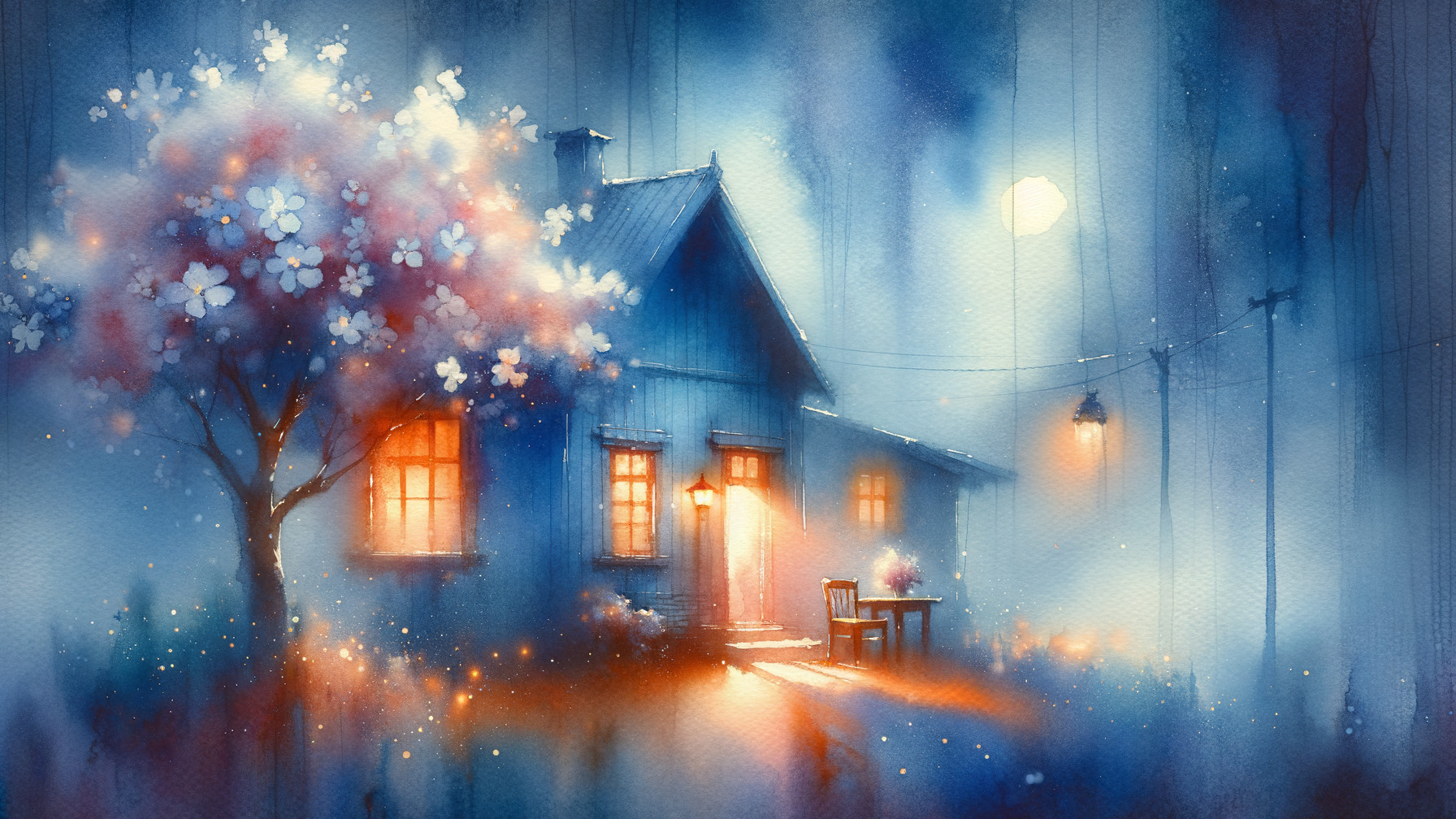 Cozy House in a Tranquil Watercolor Landscape