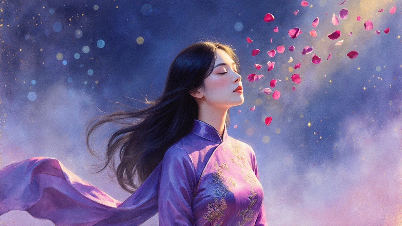 Serene Woman in Purple Dress with Rose Petals