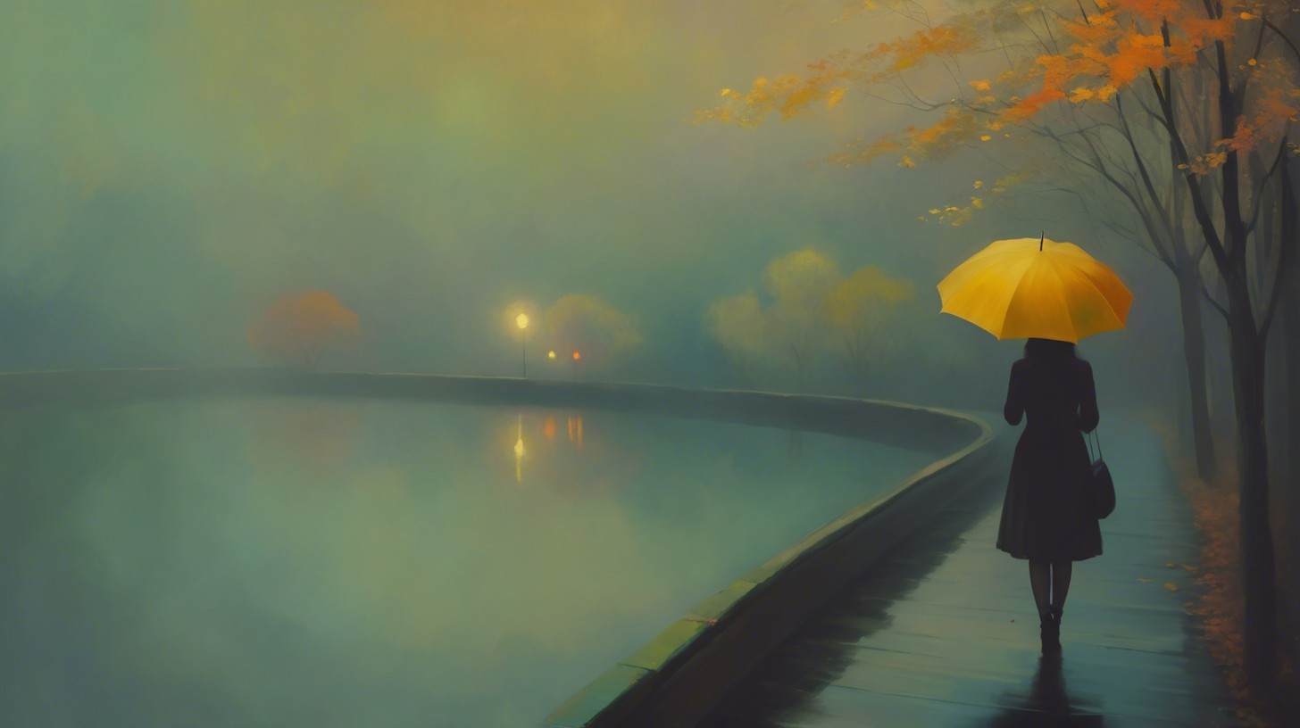 Misty Pathway with Figure and Yellow Umbrella