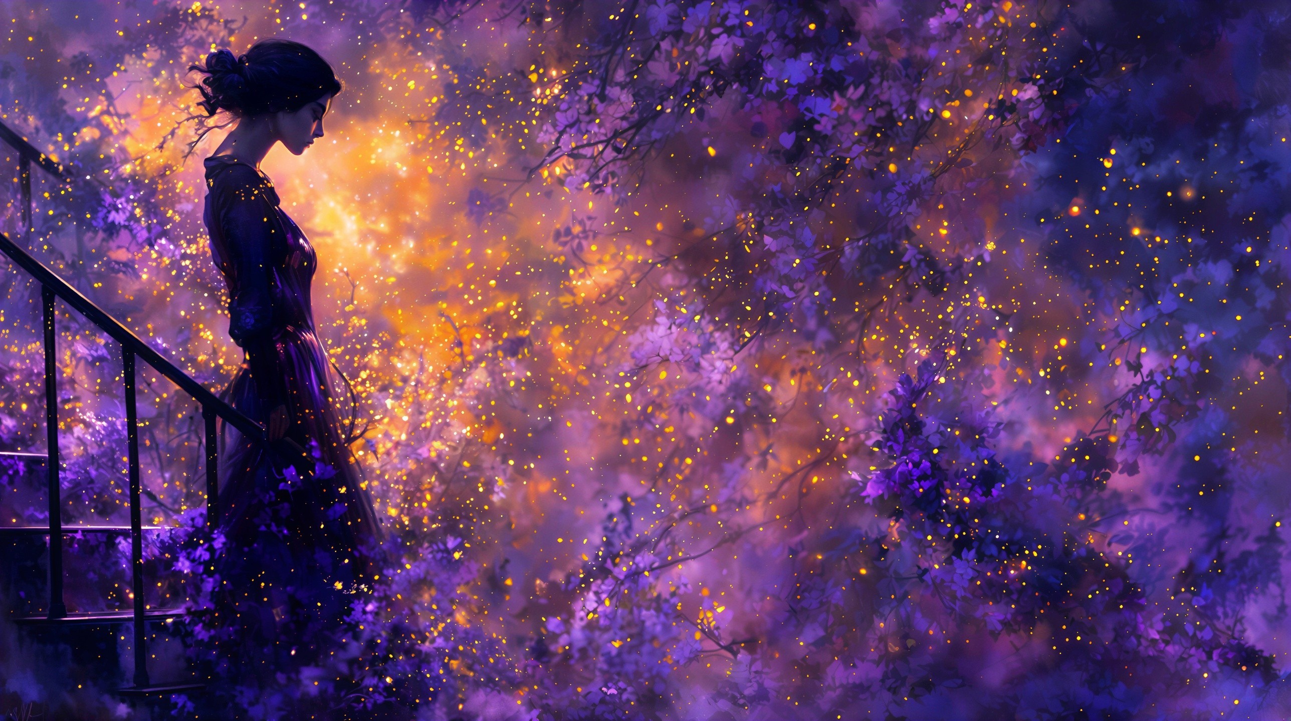 Solitary Figure on Staircase in Ethereal Landscape