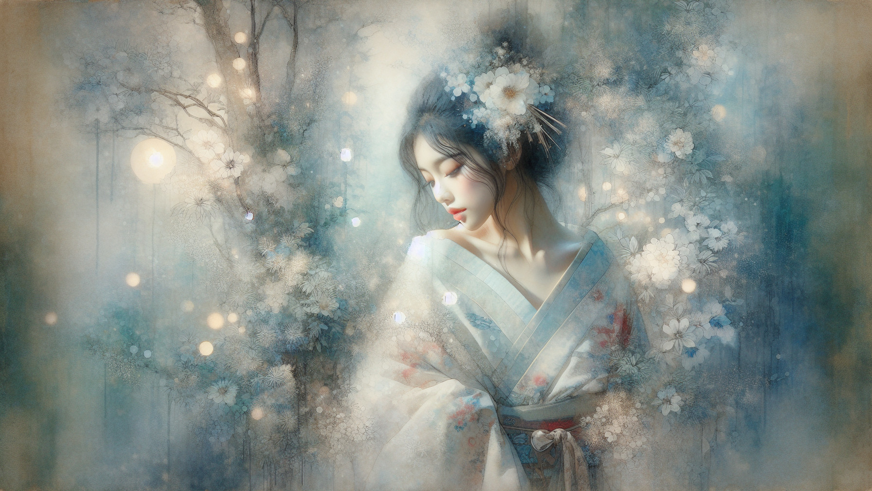 Ethereal Portrait of Woman in Kimono with Flowers