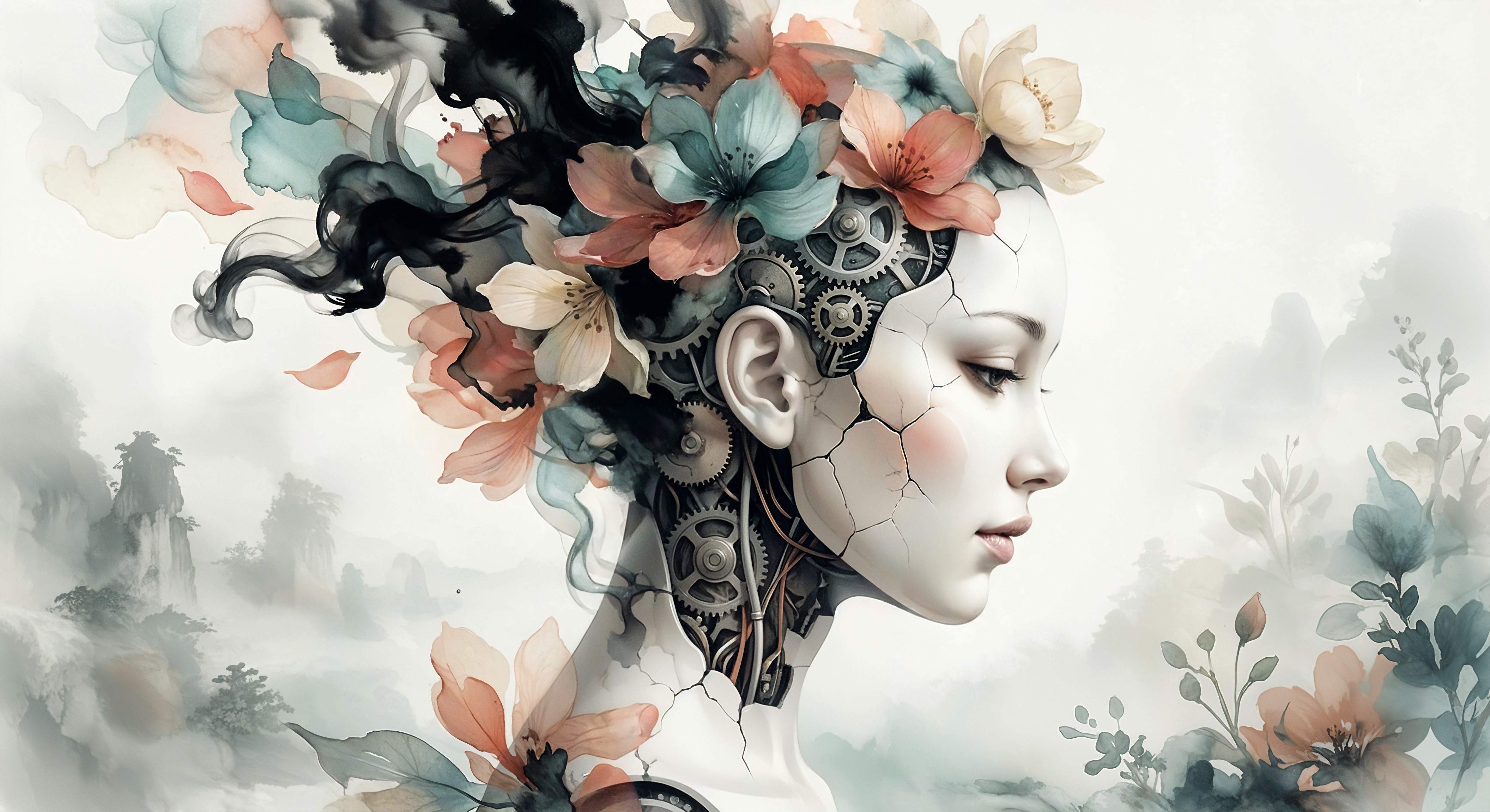 Watercolor Painting of a Female Cyborg with Flowers