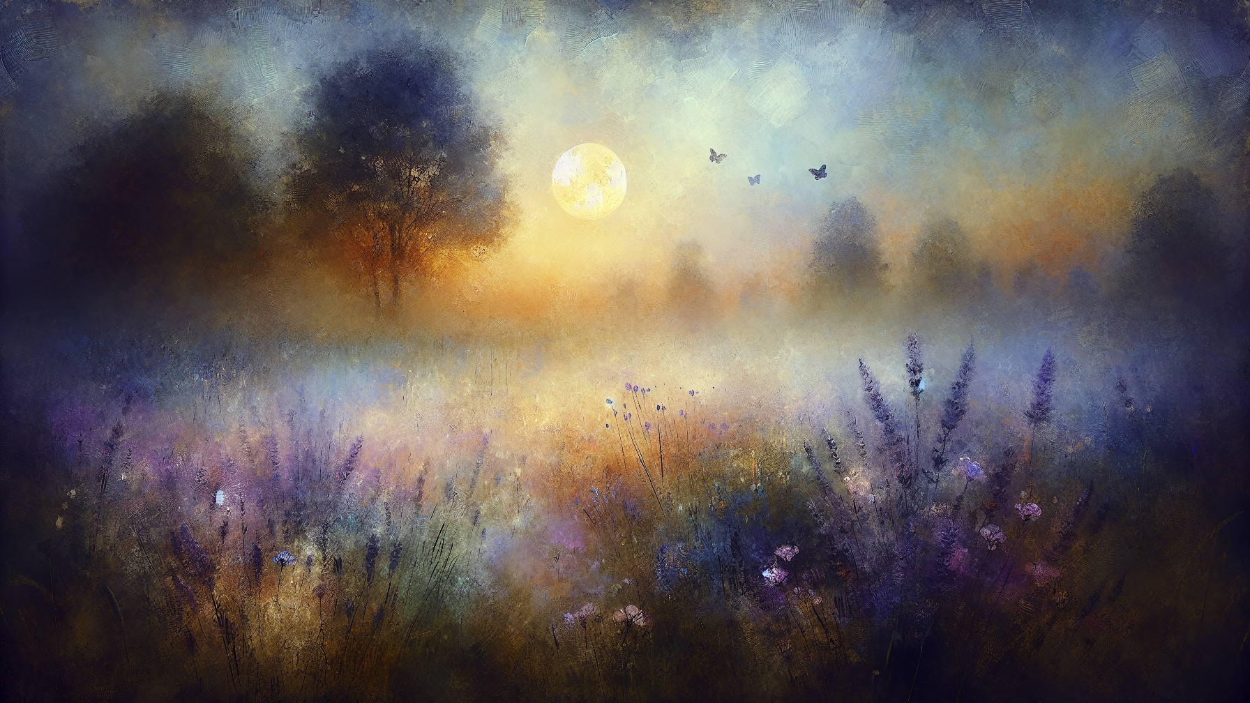 Serene Dawn Landscape with Mist and Wildflowers