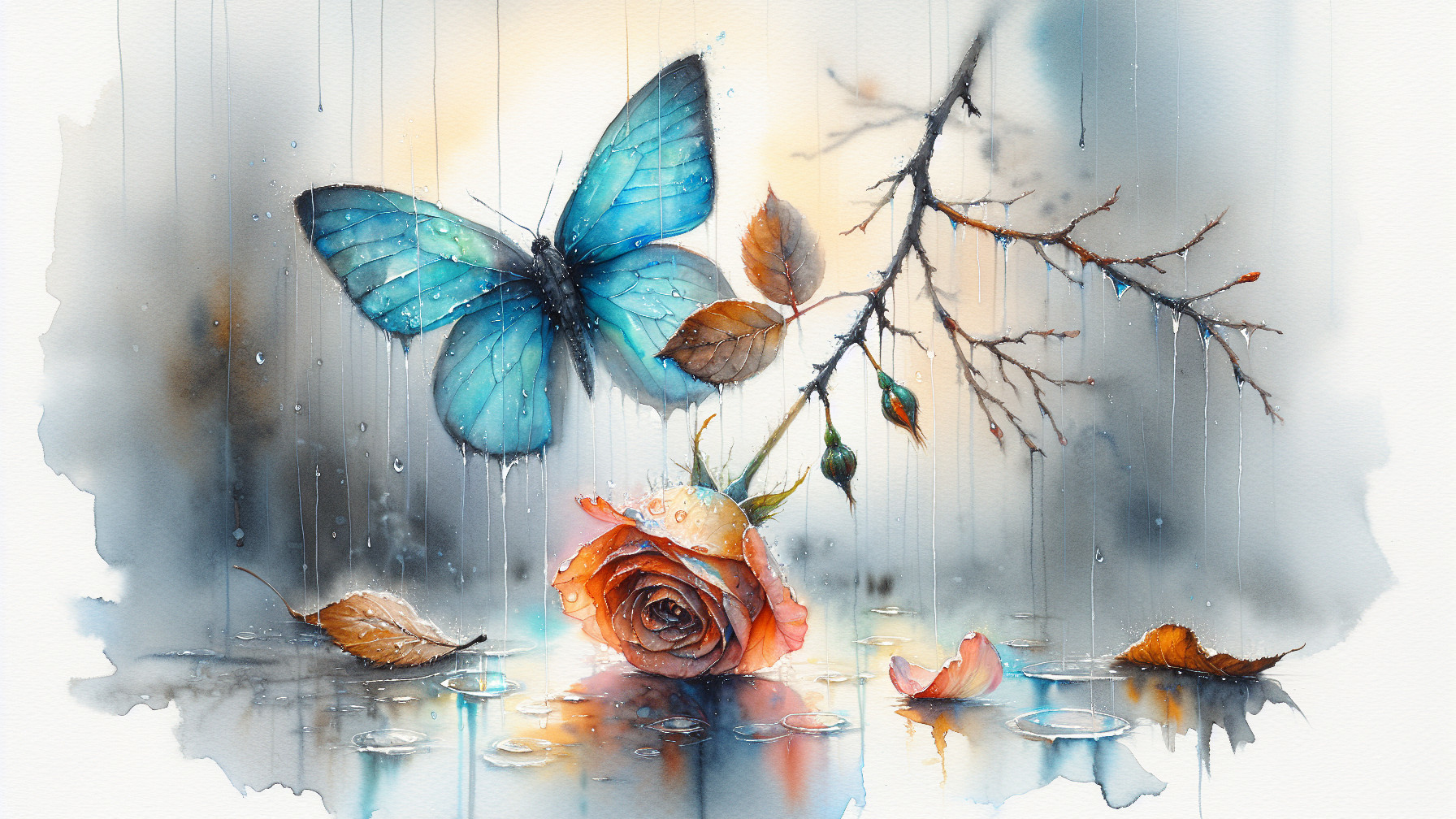 Blue Butterfly Above Rose in Misty Nature Scene