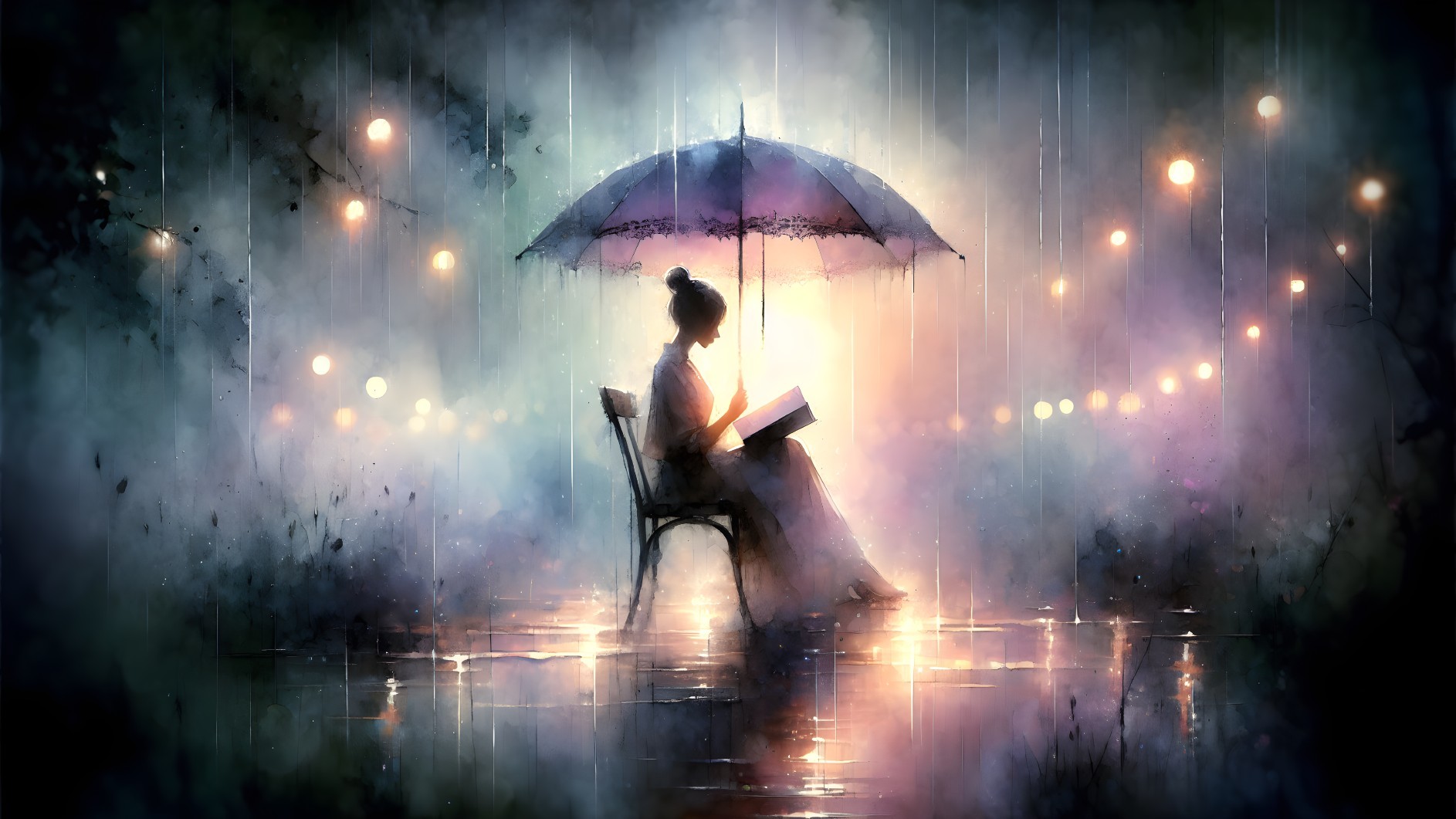 Serene Reading Scene Under Umbrella in Rainy Atmosphere