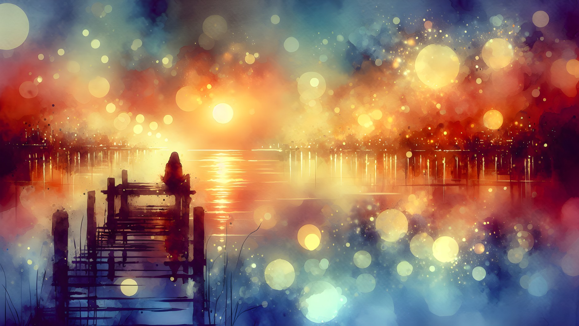Serene Sunset Reflection on Calm Waters and Pier
