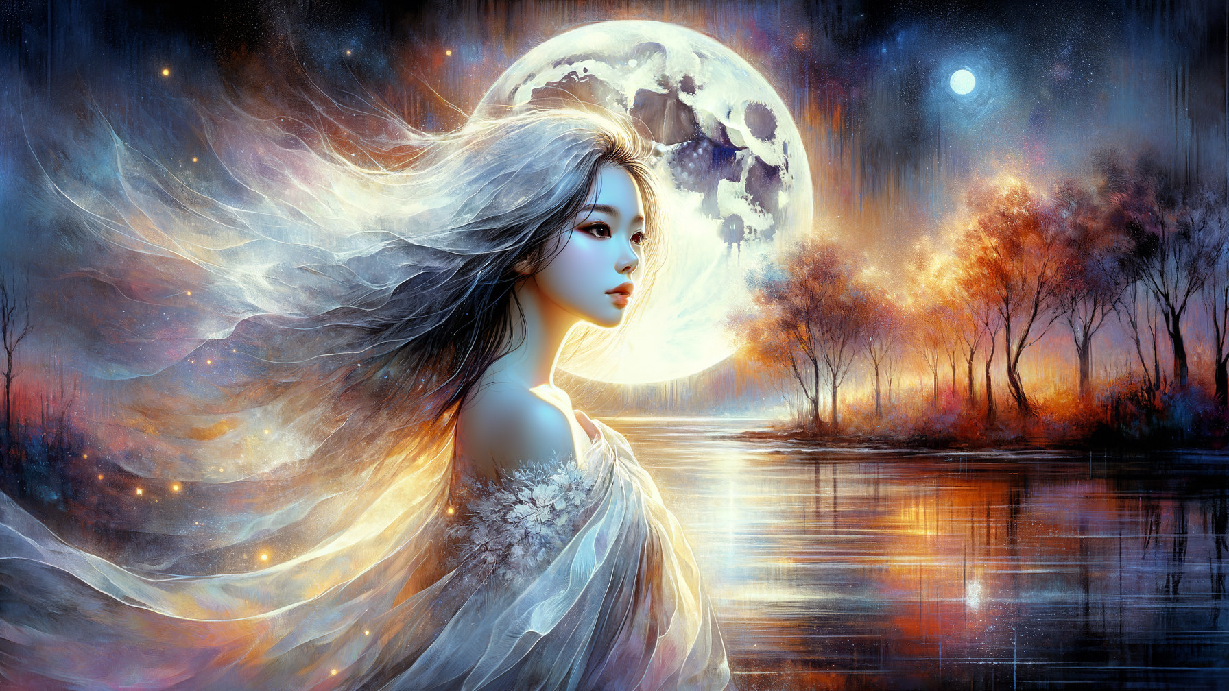Serene figure by tranquil lake under full moonlight