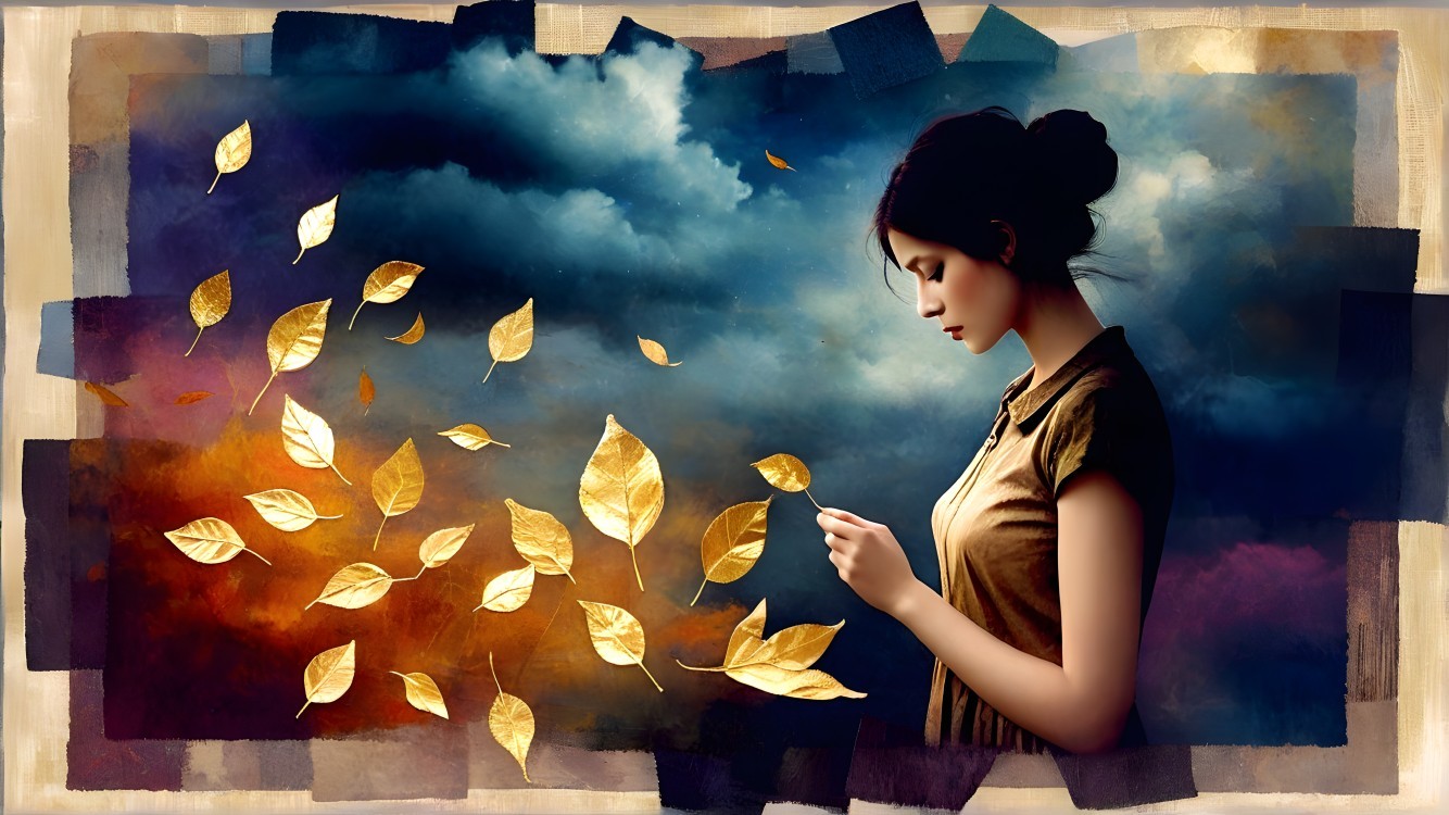 Woman in profile amidst dark clouds and golden leaves