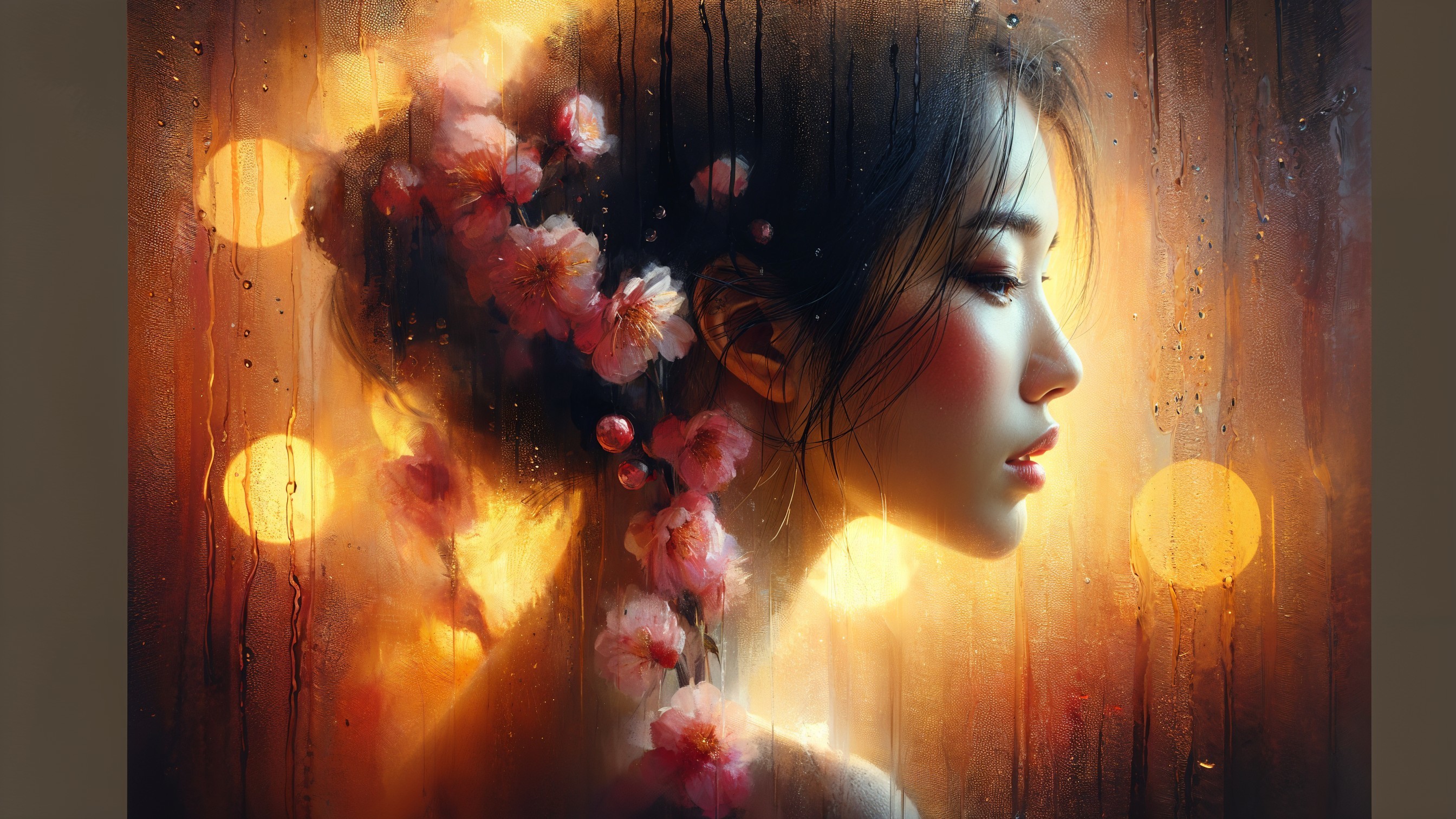 Profile of a Woman with Flowers and Dreamy Background