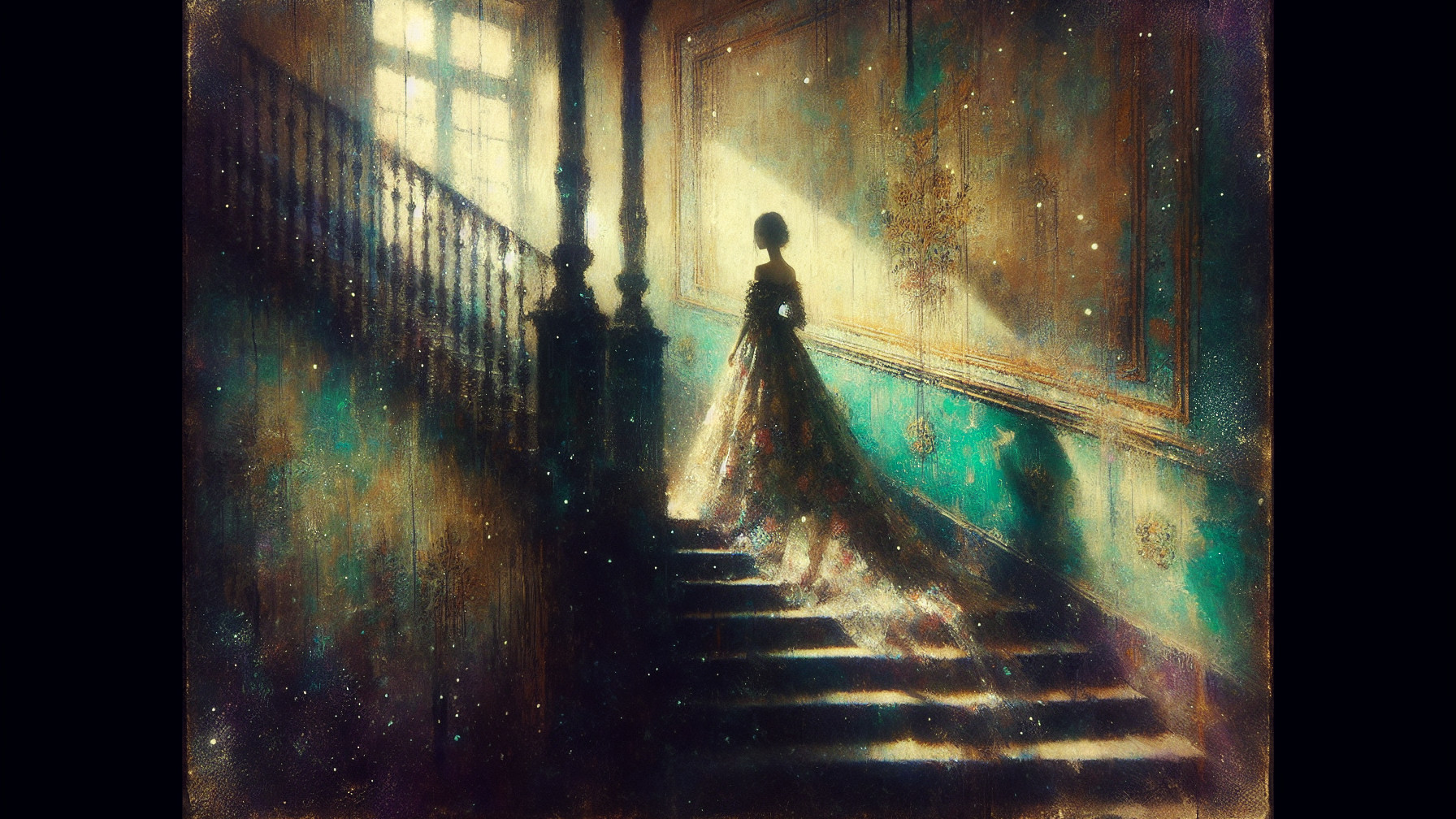 Shadowy Figure in Gown on Elegant Staircase Scene