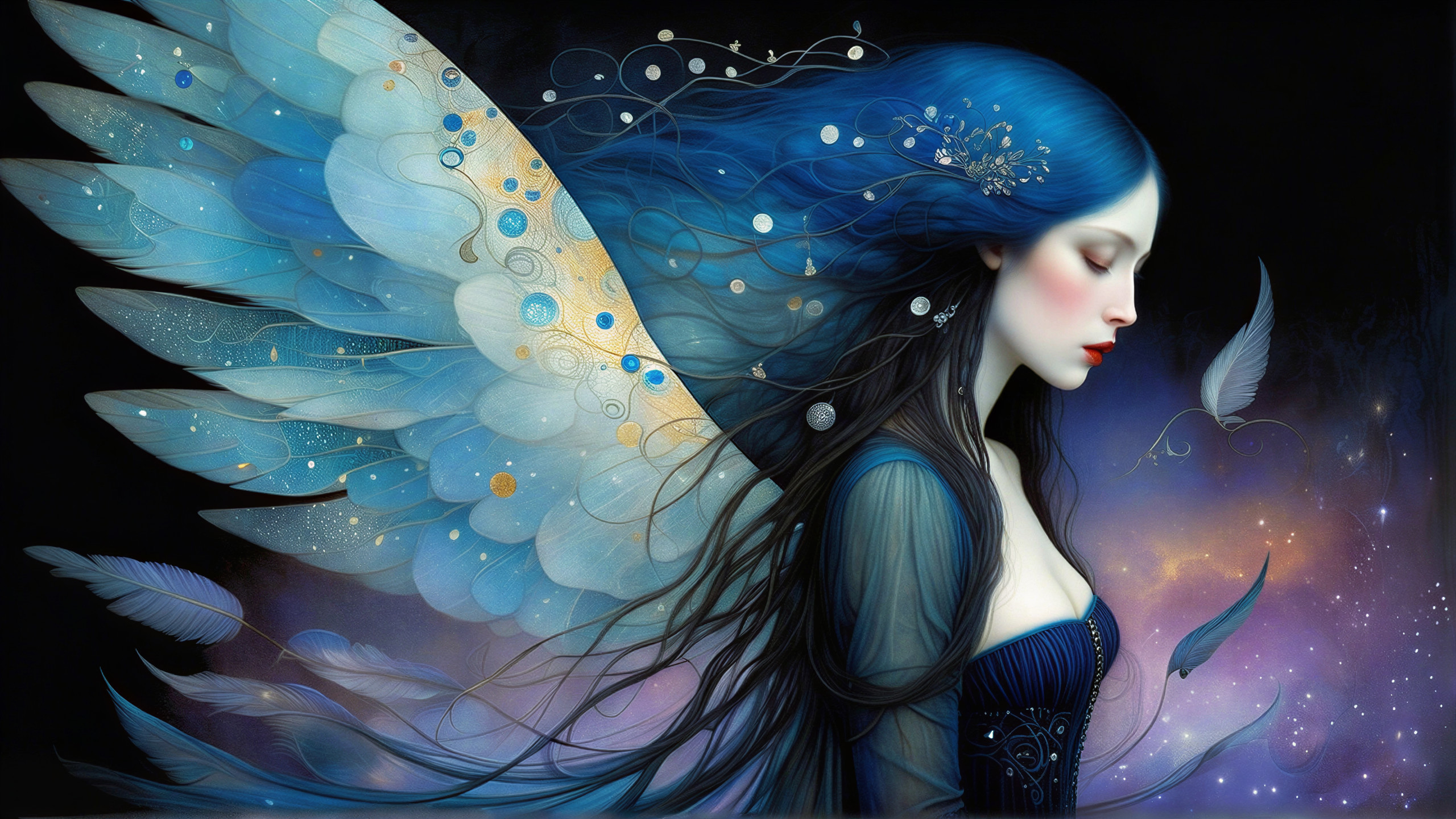 Serene figure with blue and black hair and wings