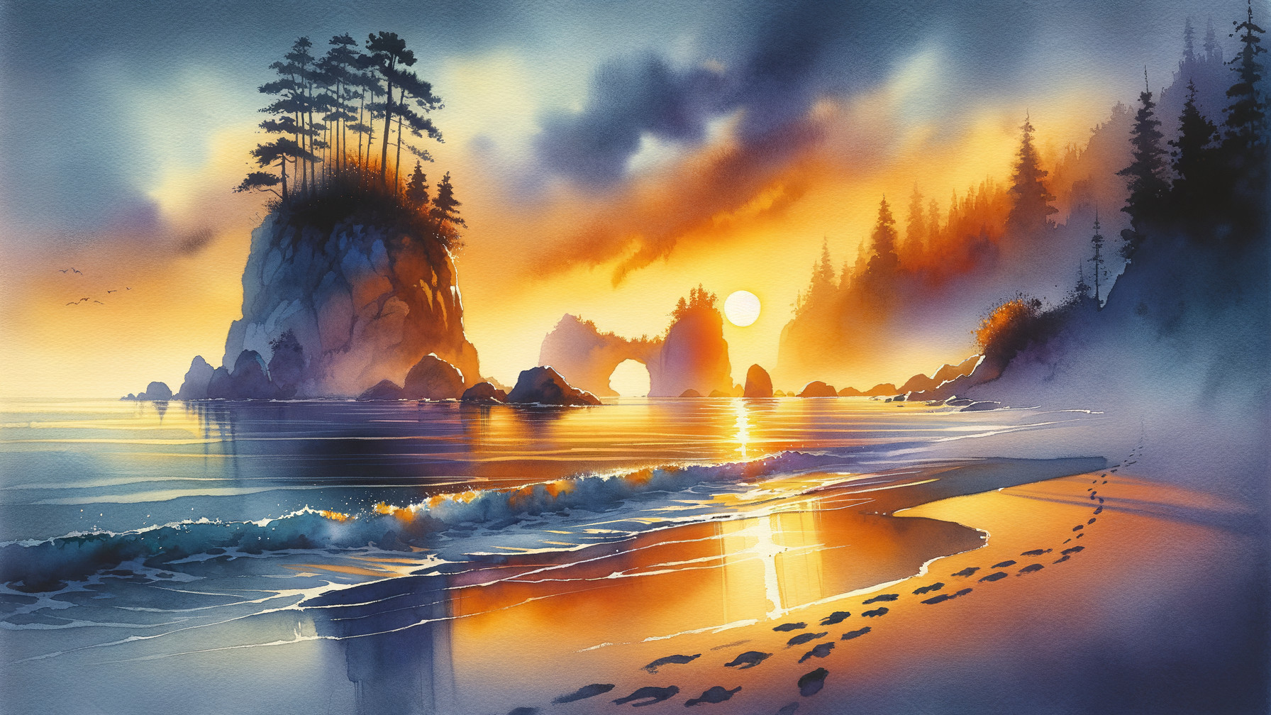 Serene Coastal Landscape at Sunset with Footprints