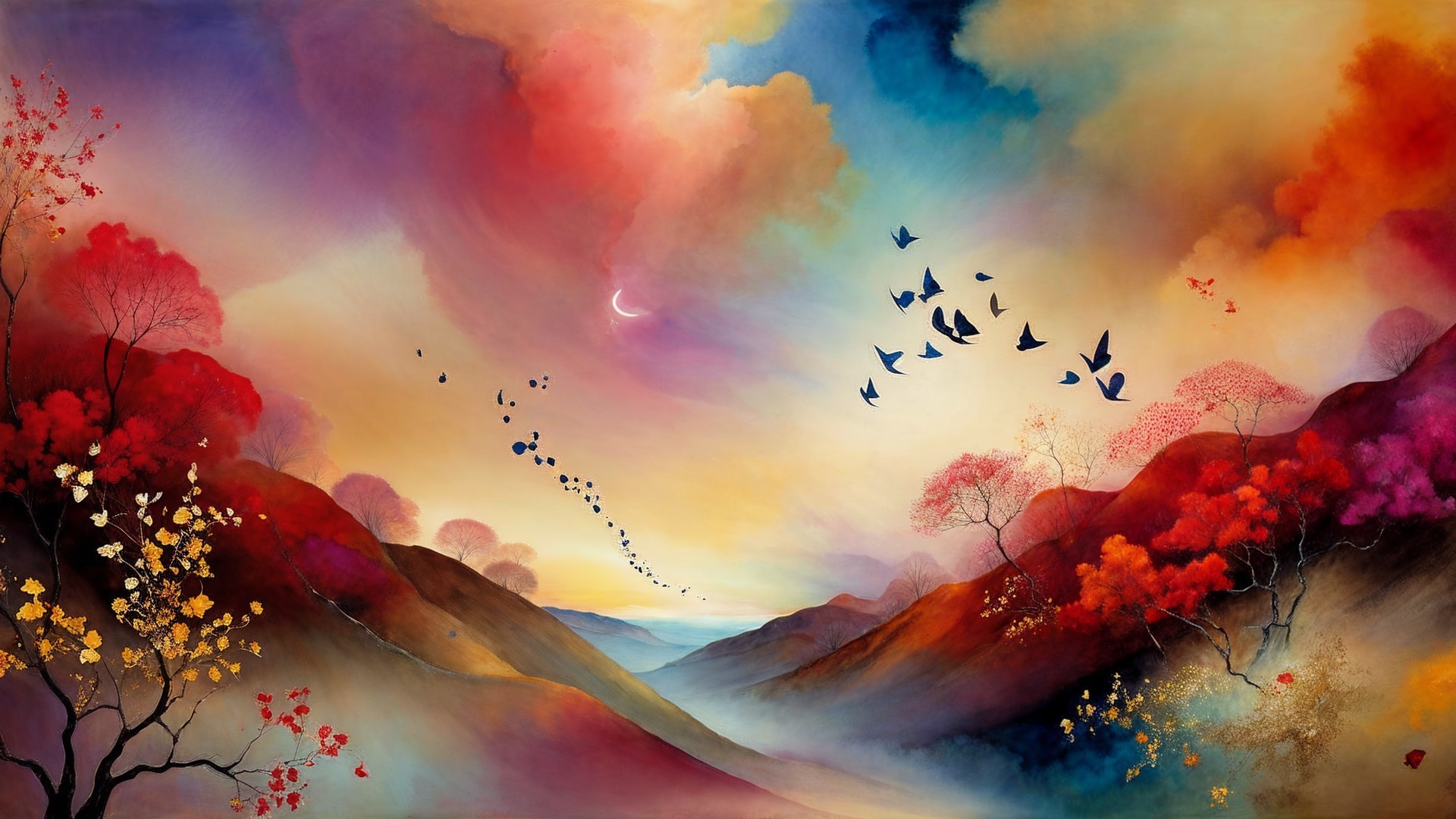 Vibrant Landscape Painting with Colorful Sky and Birds