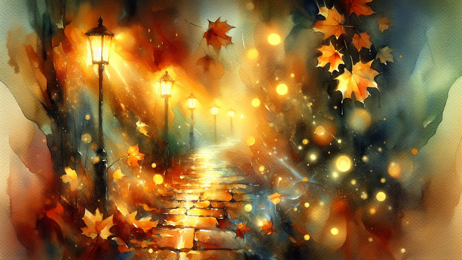 Serene Autumn Pathway with Glowing Street Lamps