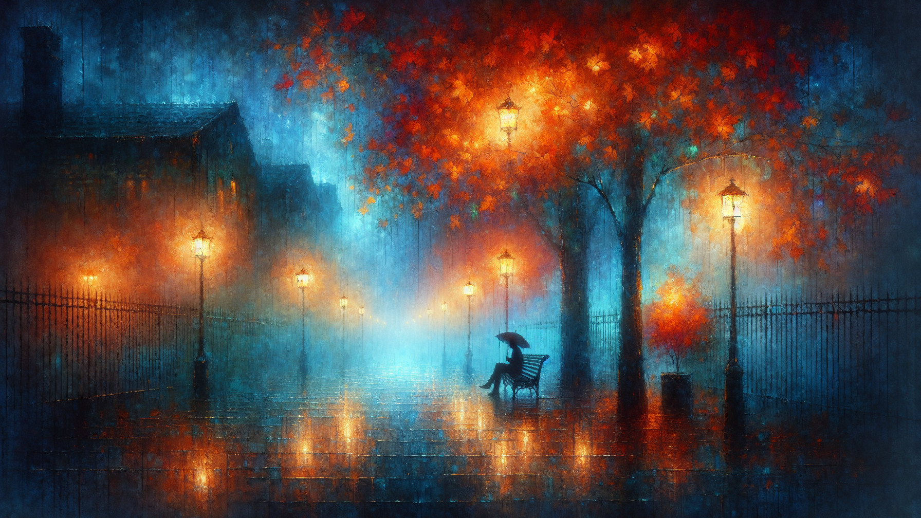 Misty Evening Scene with Autumn Tree and Solitary Figure