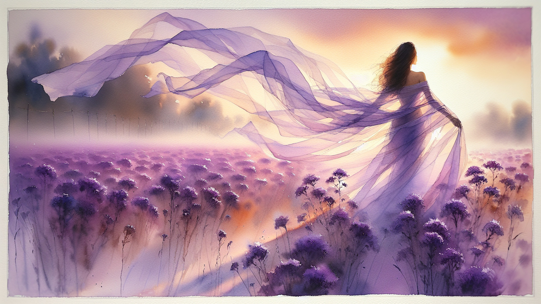 Serene landscape with woman in ethereal dress and flowers