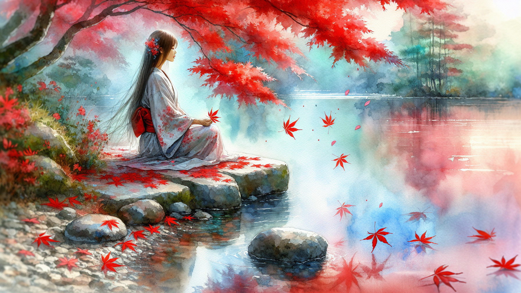 Young Woman in Kimono by Tranquil River Scene