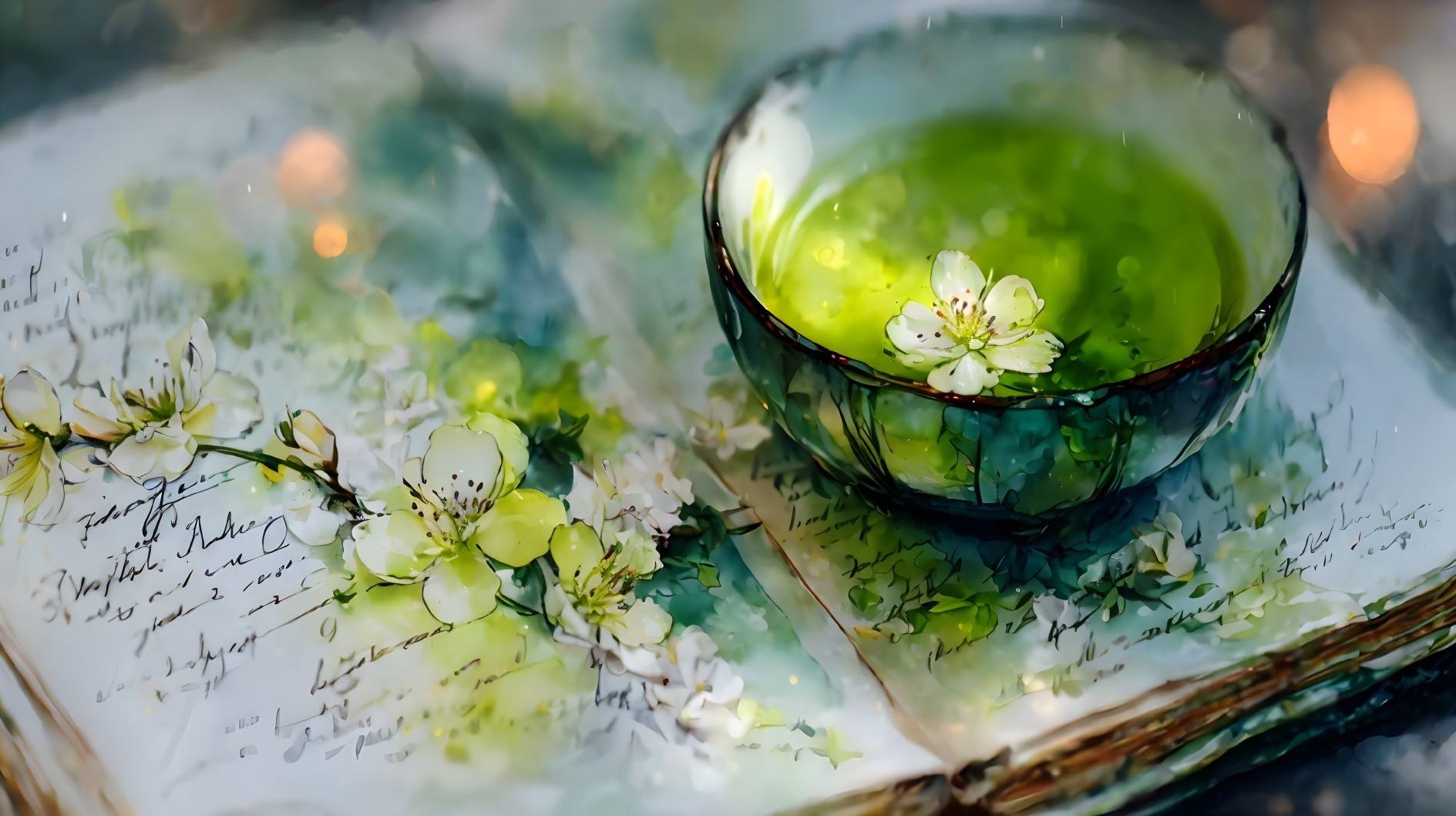 Delicate Bowl of Green Tea with Floating Flower and Art