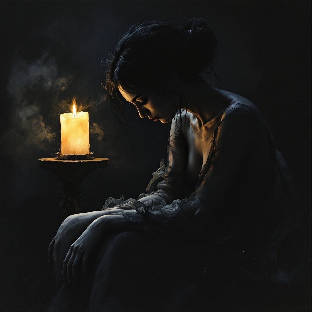 Solitary figure in candlelight evokes introspection and beauty