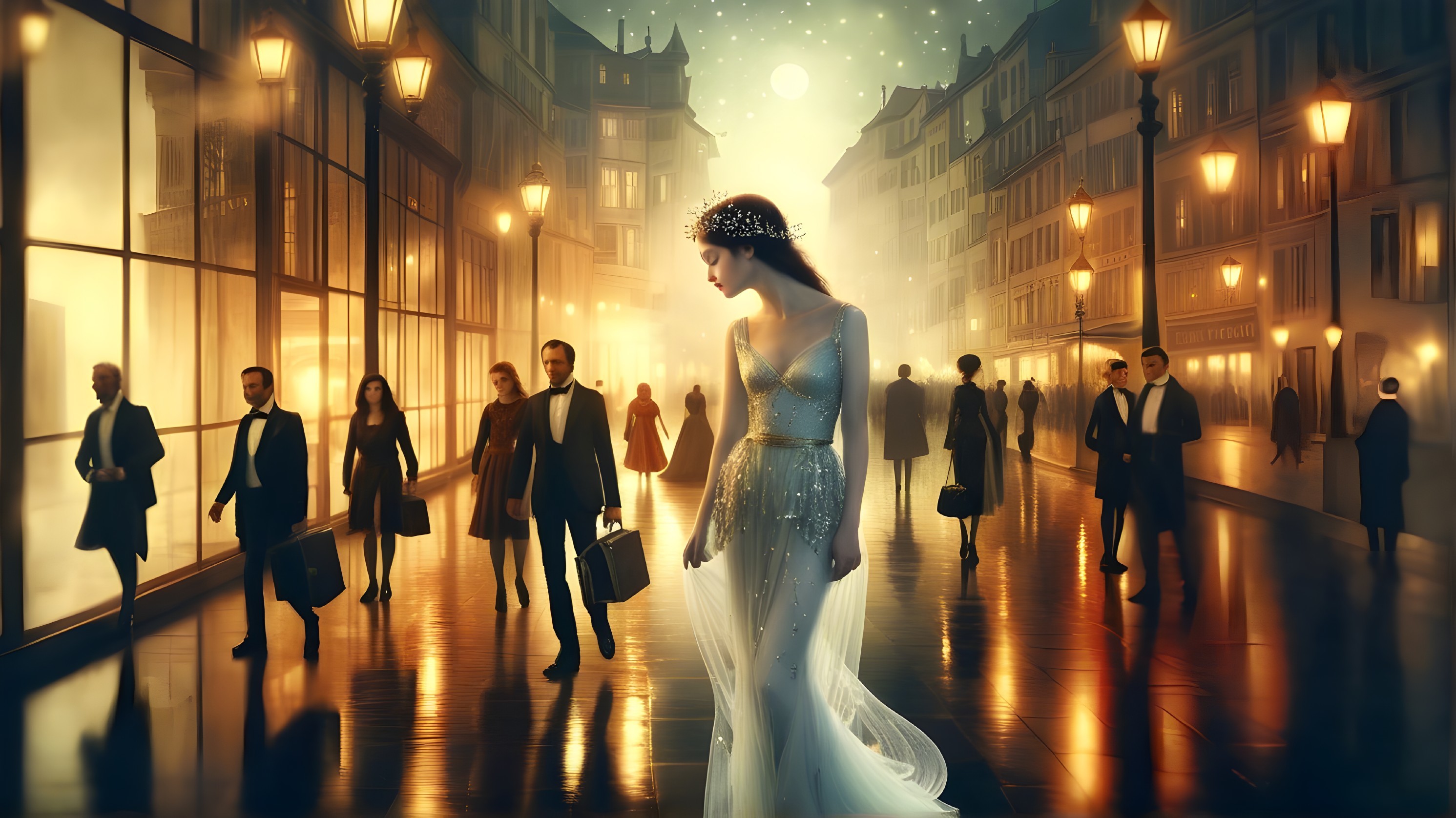 Elegant Woman in Shimmering Gown on Night Street