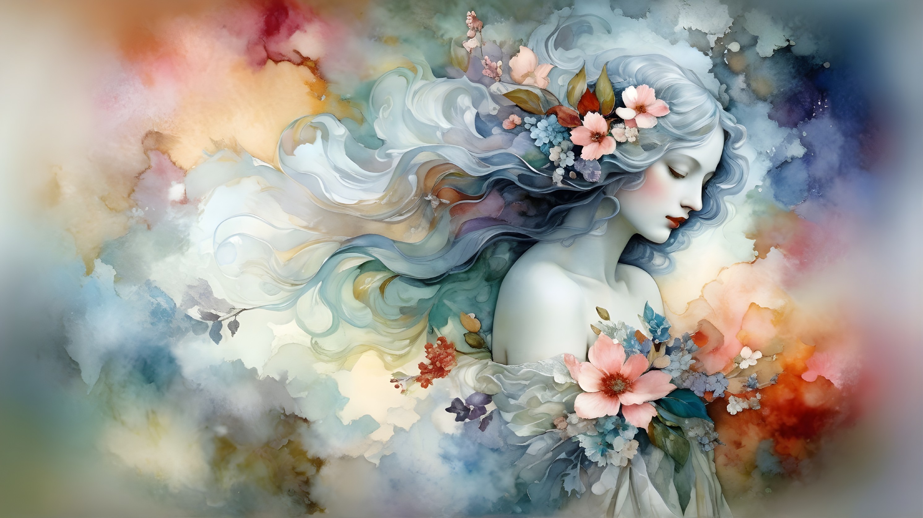 Serene Woman with Silver Hair in Dreamy Floral Setting