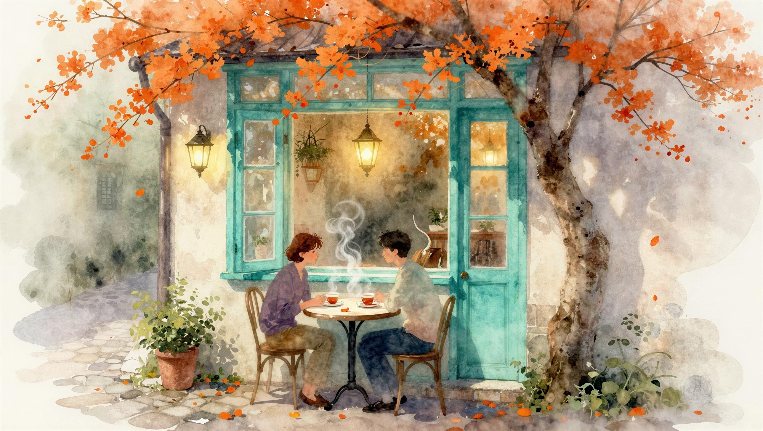 Autumn Cafe Scene with People and Vibrant Leaves