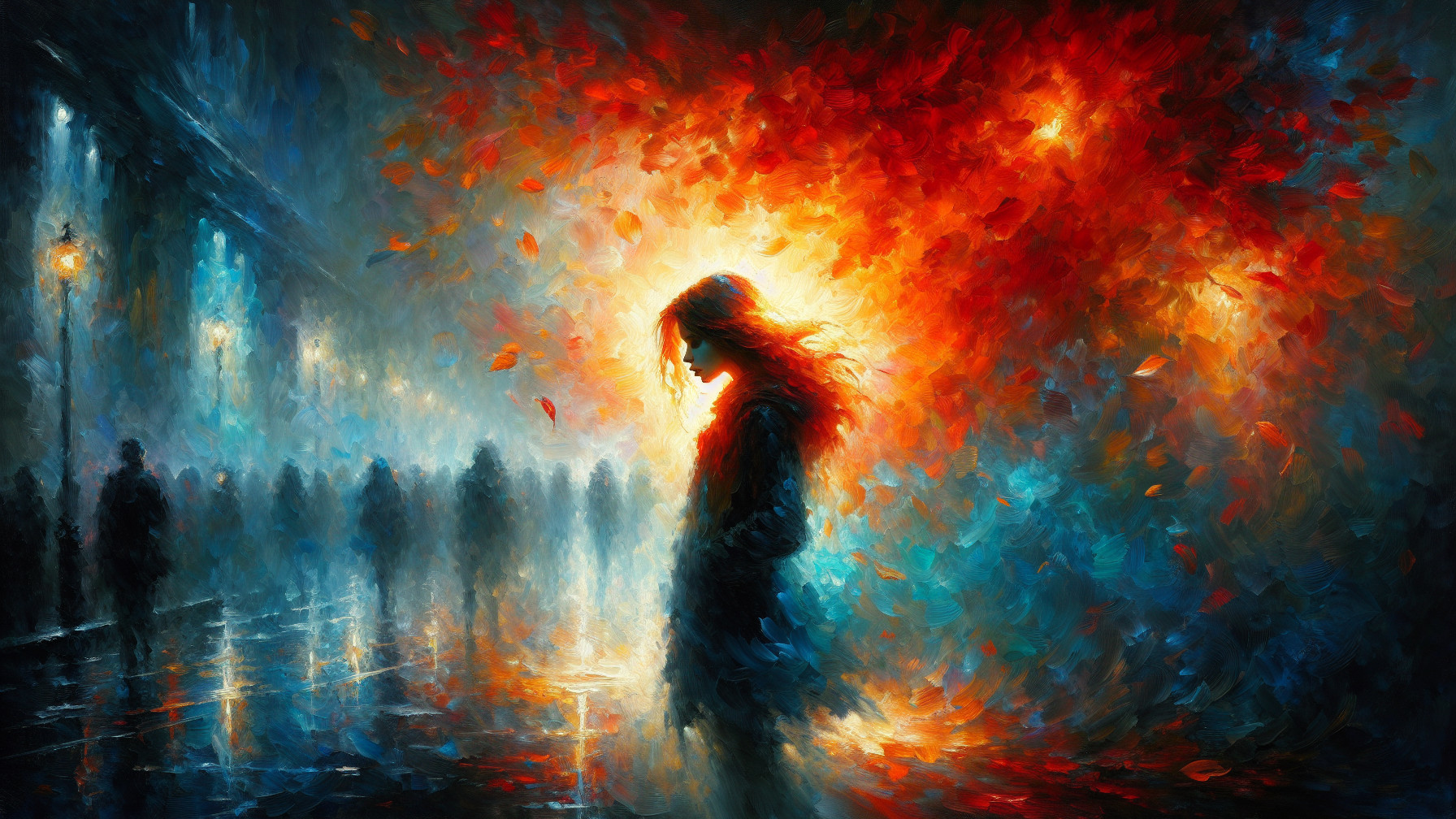 Vibrant Painting of Solitary Figure in Fiery Colors
