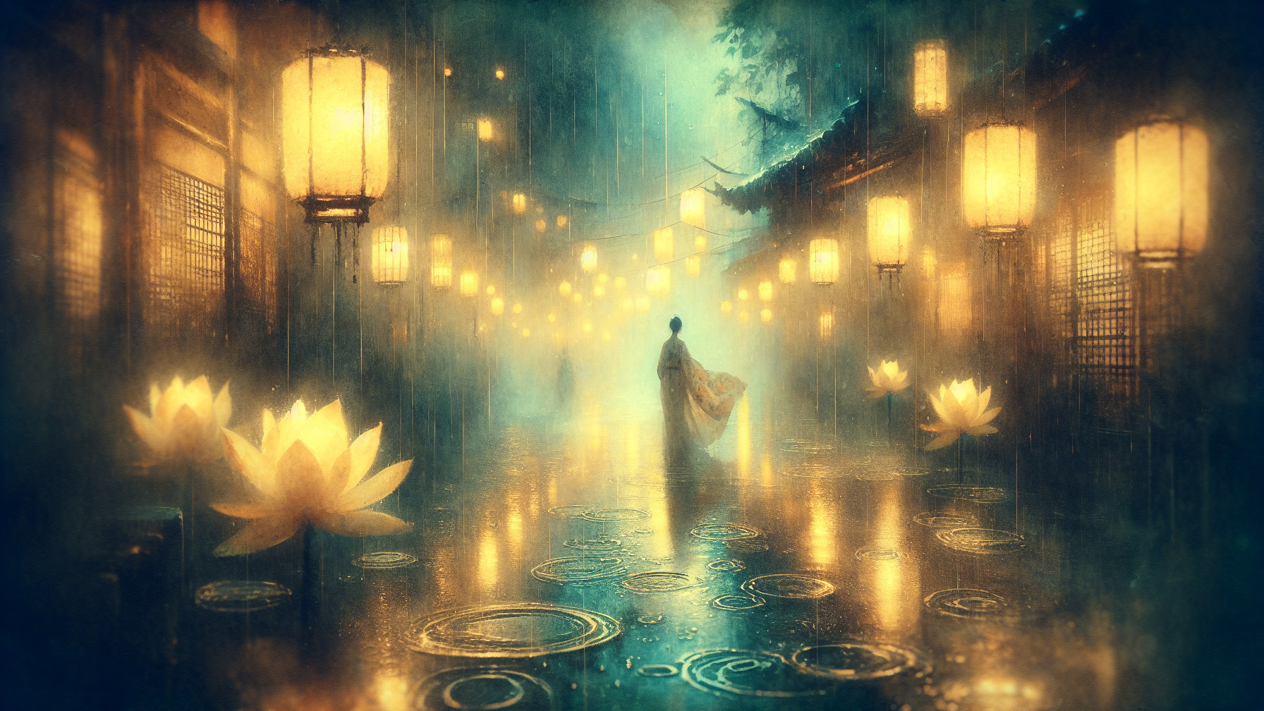 Serene Rain-Soaked Alleyway with Glowing Lanterns