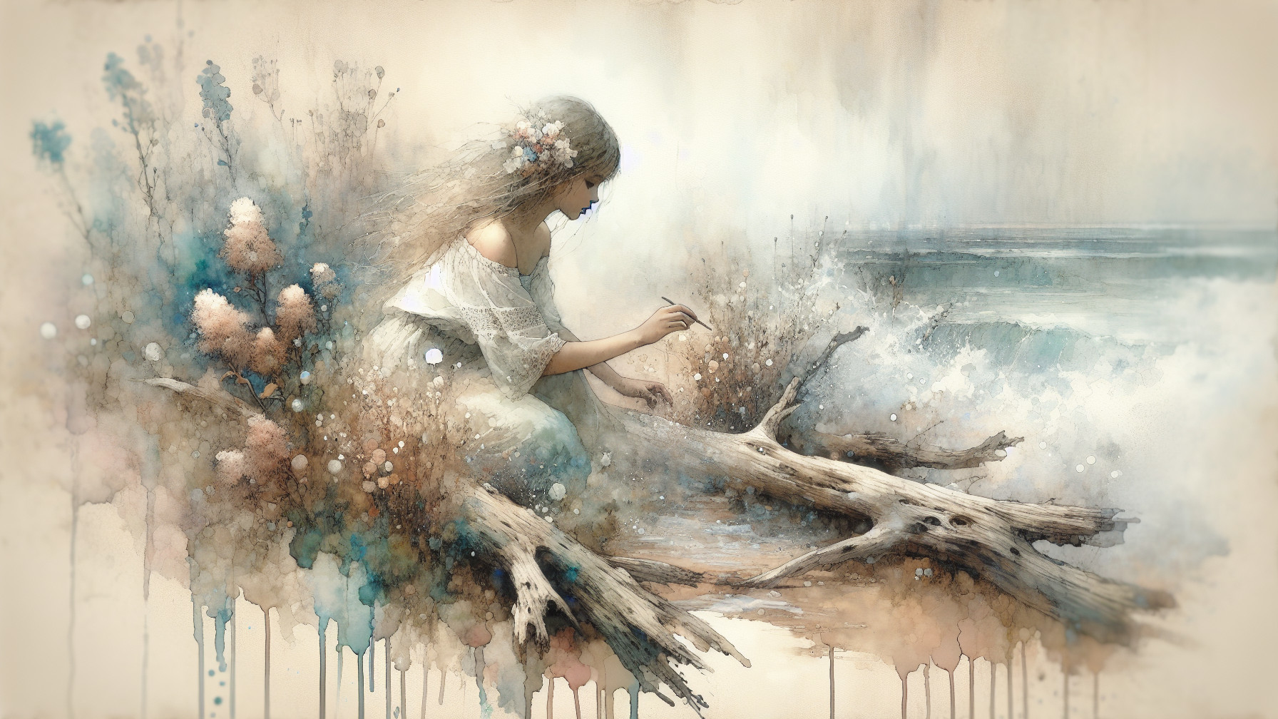 Serene Shore Scene with Young Woman and Driftwood